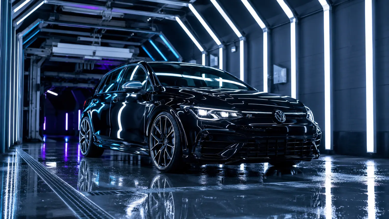 АВТО 1002026 чёрный Volkswagen Golf R в световой автомойке
