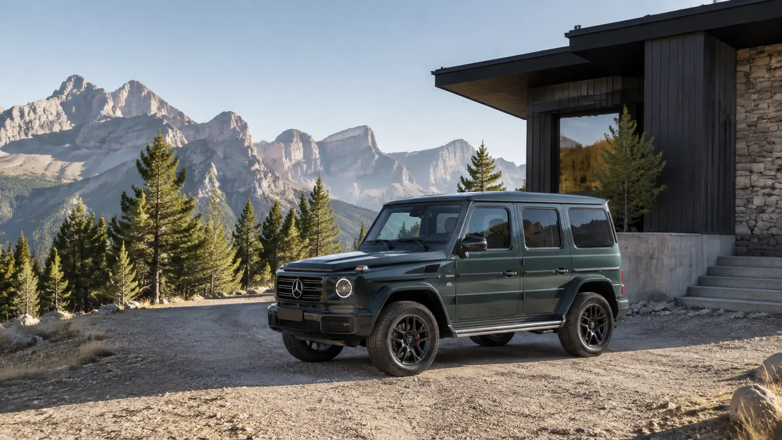 АВТО 1000082 тёмно-зелёный Mercedes-Benz G-Class у горного лоджа