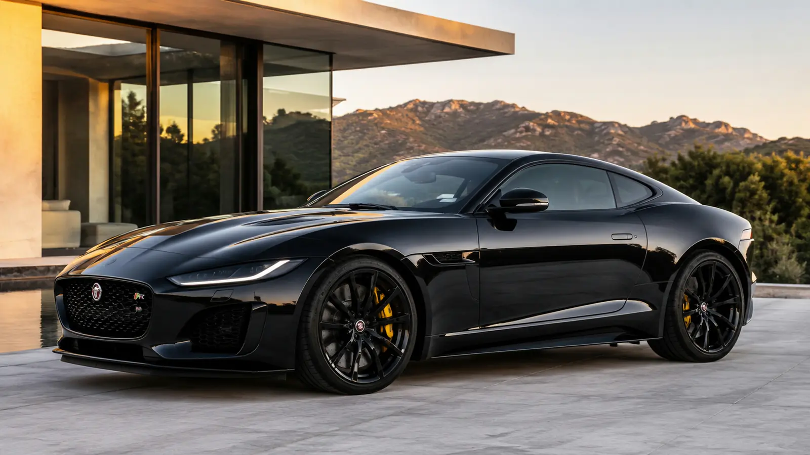 АВТО 1002614 чёрный Jaguar F-Type R у стеклянной виллы