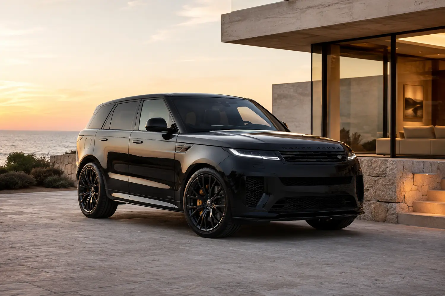 АВТО 1003569 чёрный Range Rover Sport SV у современной виллы