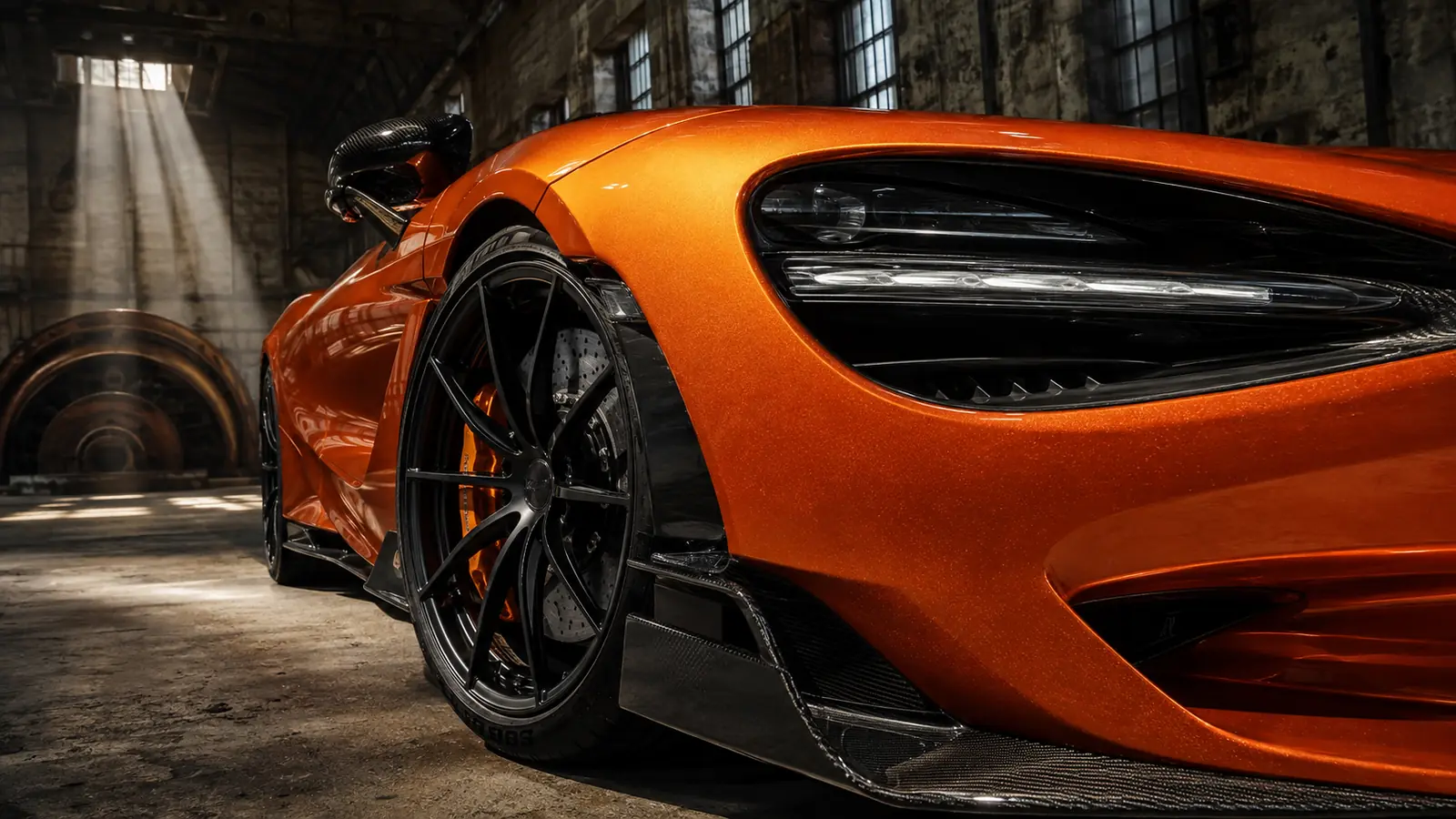 АВТО 1003406 деталь оранжевого McLaren 750S в турбинном зале