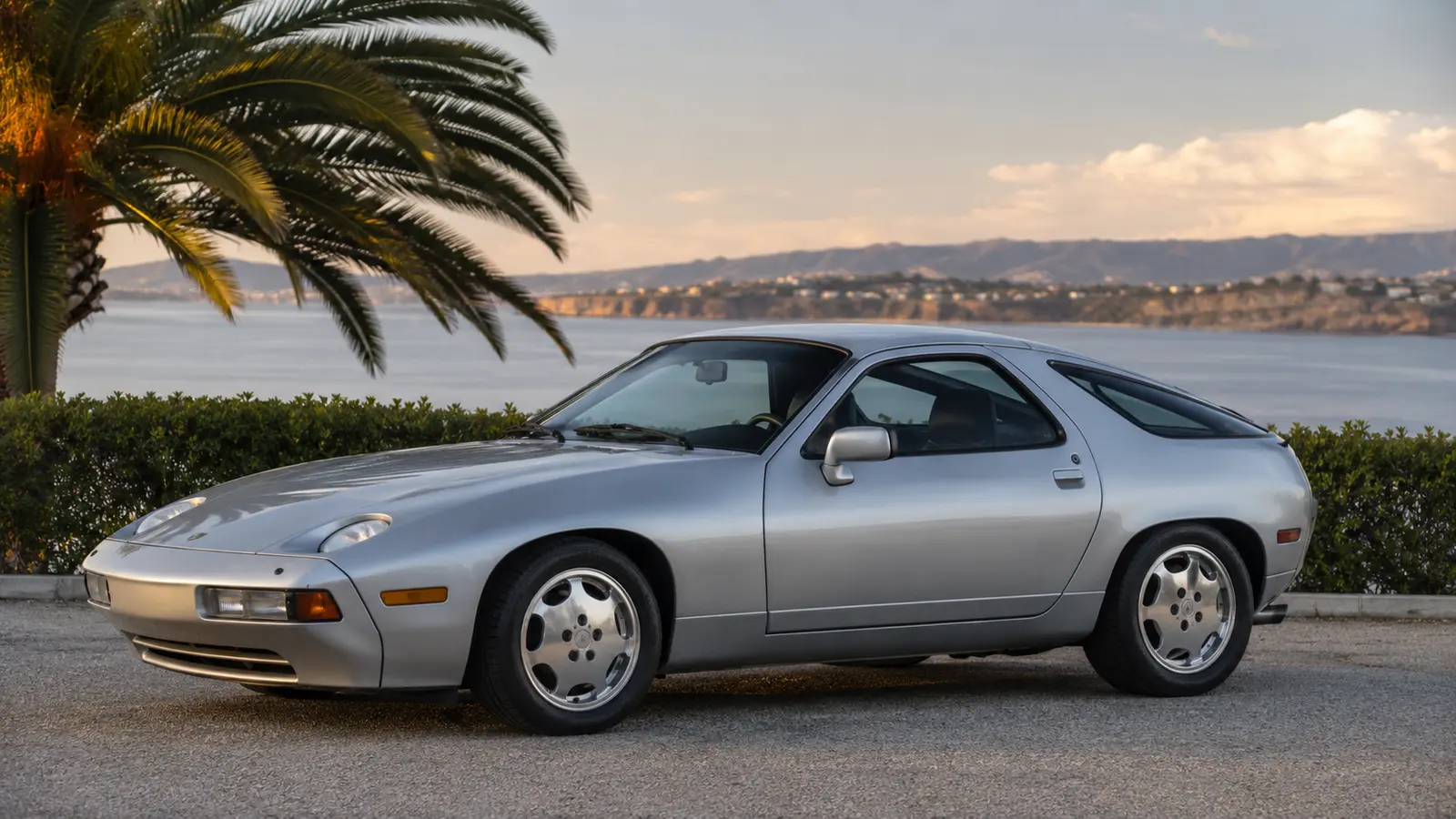 АВТО 1001184 серебристый Porsche 928 на дороге Ривьеры 80-х