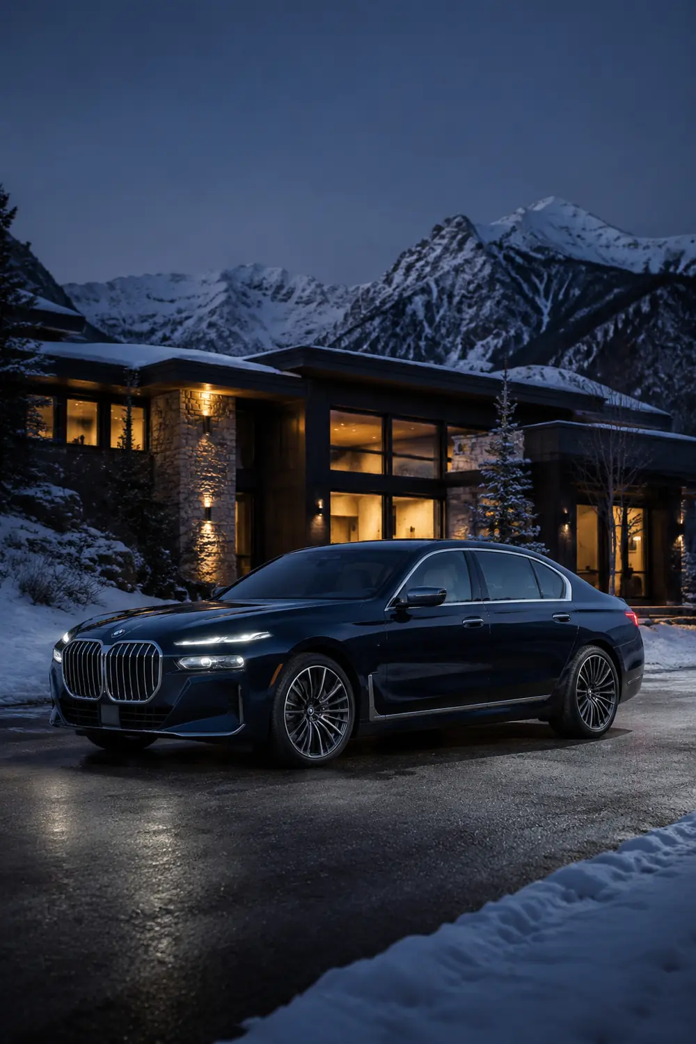 АВТО 1003742 тёмно синий BMW 760i у зимней виллы