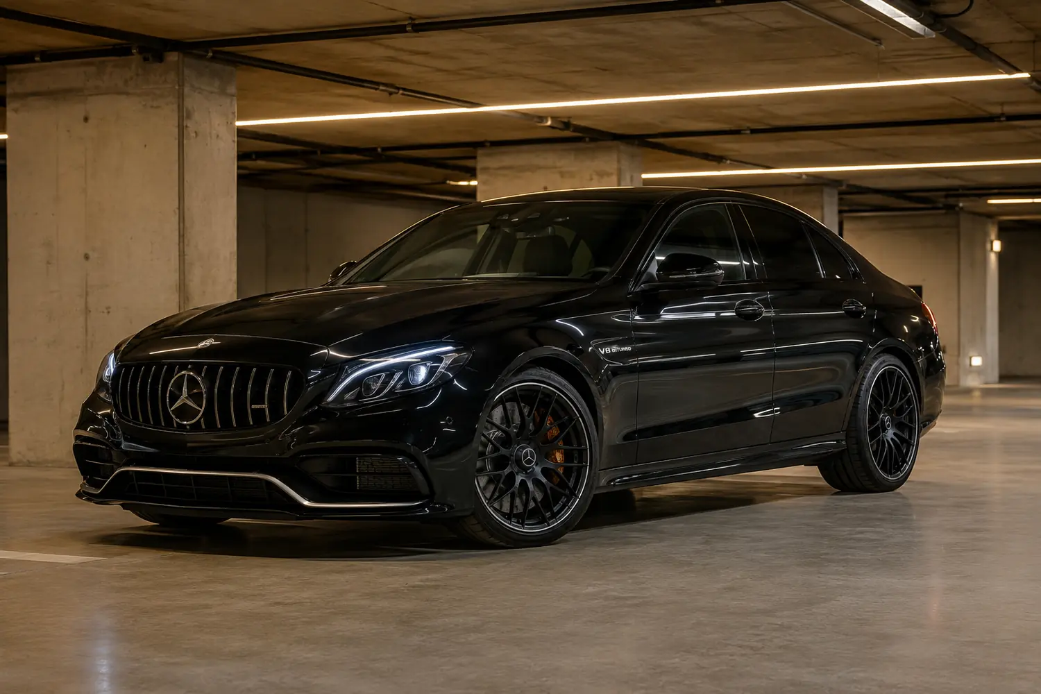 АВТО 1003765 чёрный Mercedes AMG C63 в современном паркинге