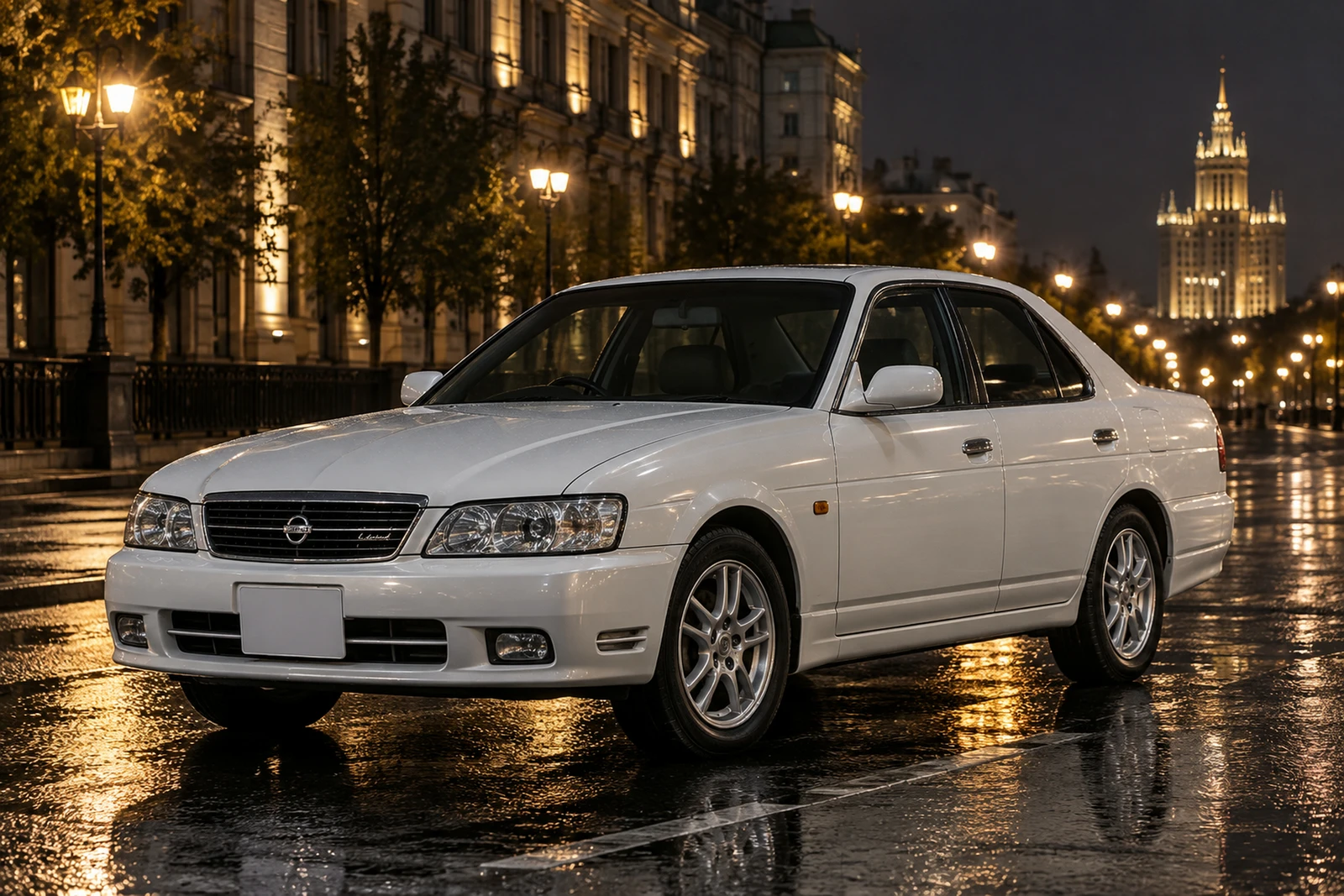 АВТО 1008544 Ниссан Laurel C35 белый Москва мокрый ночной проспект