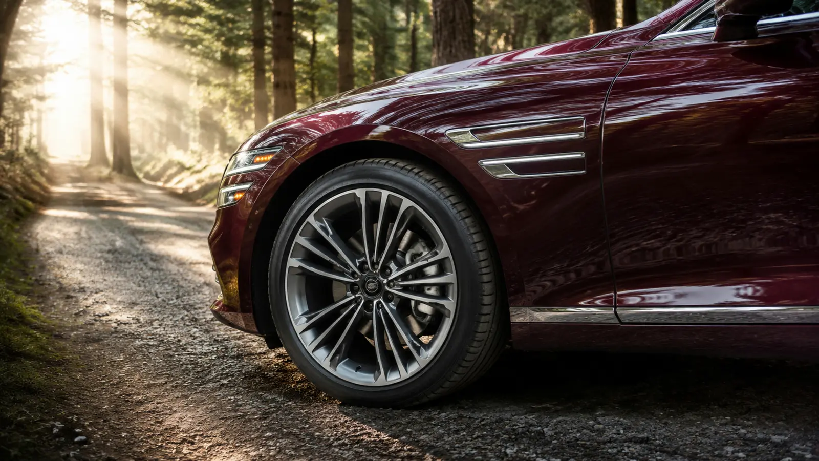 АВТО 1002991 бордовый Genesis G80 диск и переднее крыло крупным планом на лесной дороге ранним утром
