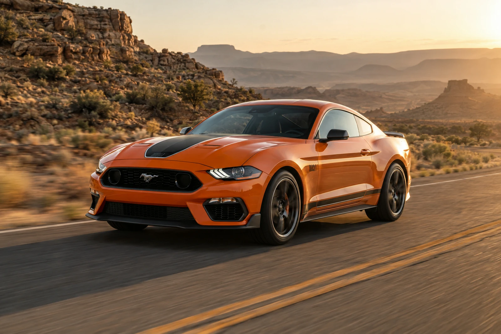 АВТО 1007490 оранжевый Ford Mustang Mach 1 на пустынном шоссе