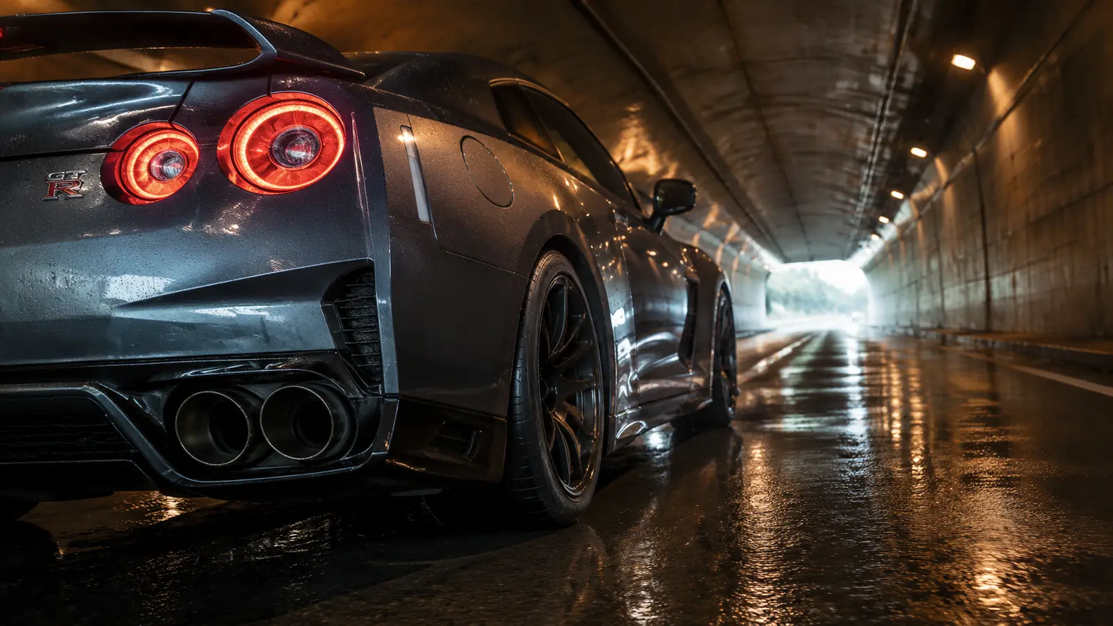 АВТО 1003401 задние фонари Nissan GT-R в мокром тоннеле