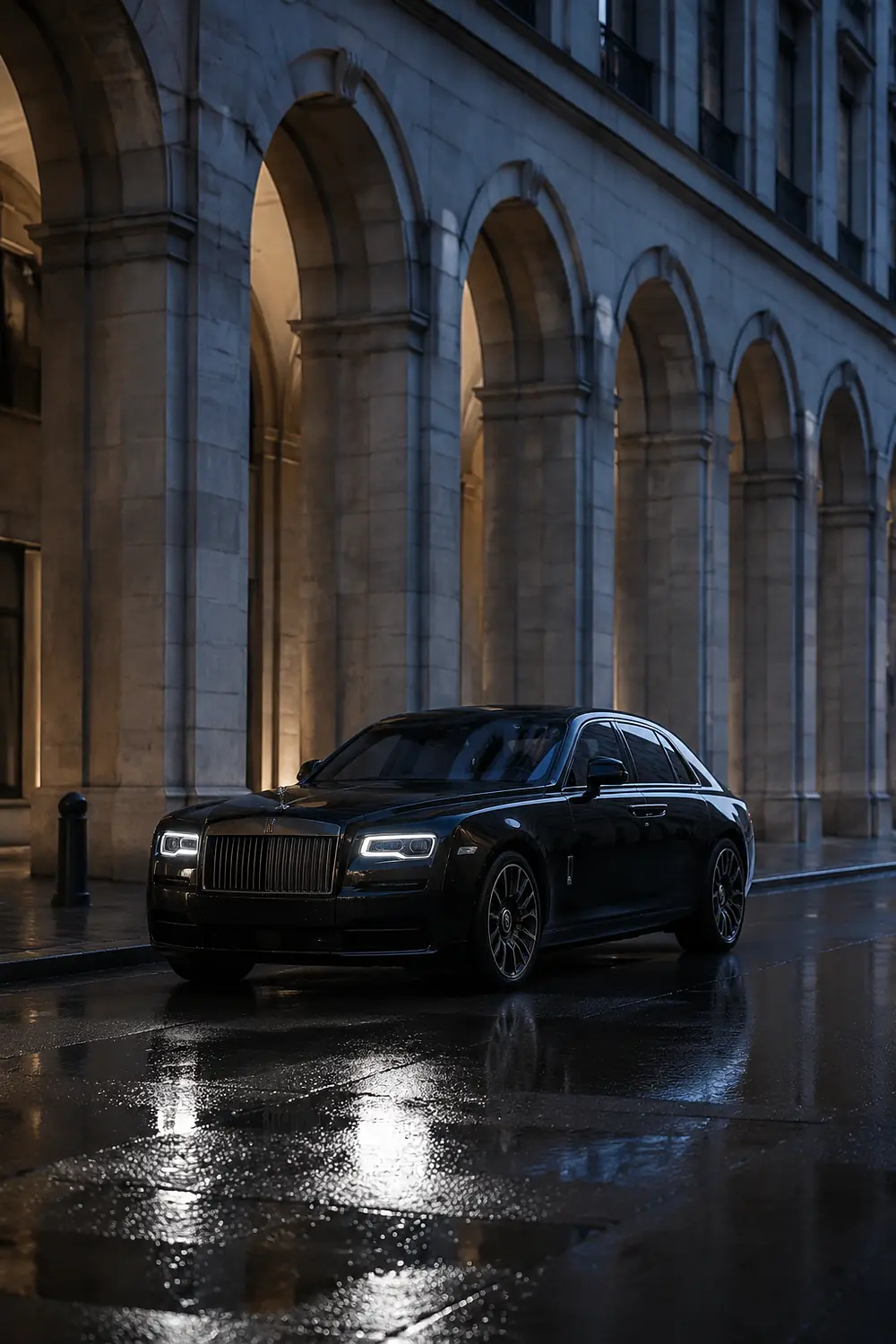 АВТО 1003707 чёрный Rolls-Royce Ghost Black Badge под каменными аркадами