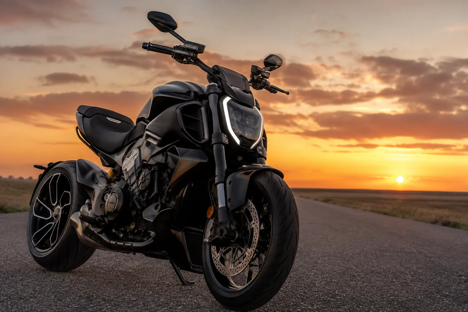АВТО 1003832 чёрный Ducati Diavel V4 на дороге на закате