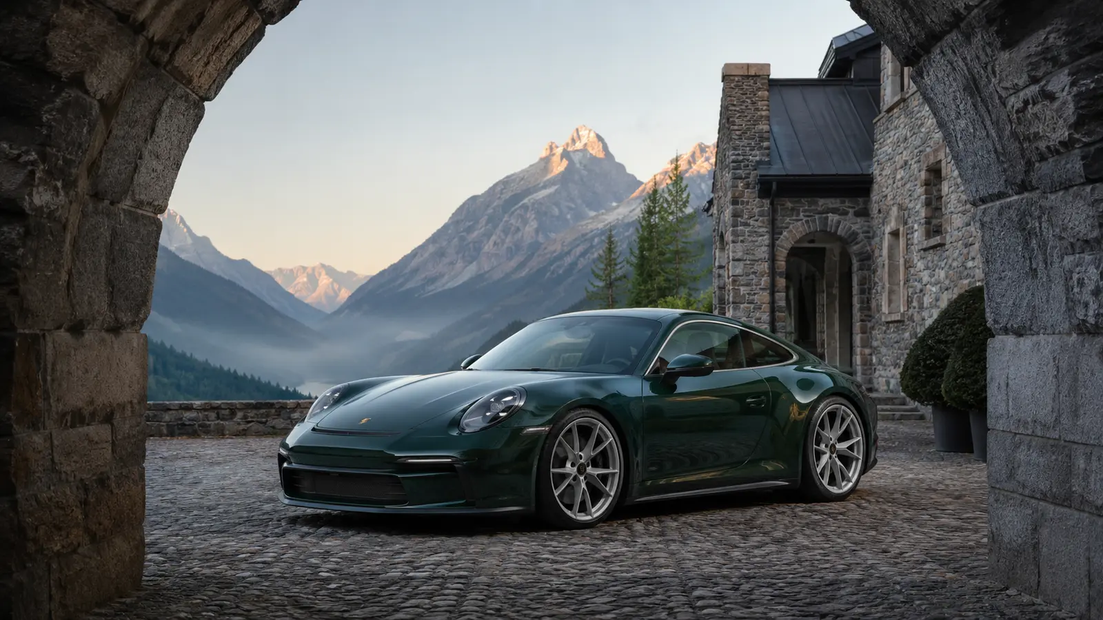 АВТО 1001955 тёмно-зелёный Porsche 911 GT3 Touring у горного отеля