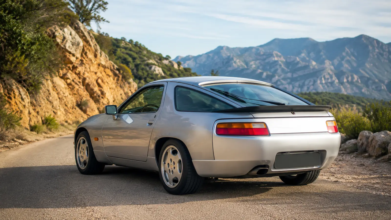 АВТО 1000919 серебристый Porsche 928 на средиземноморской дороге 80-х