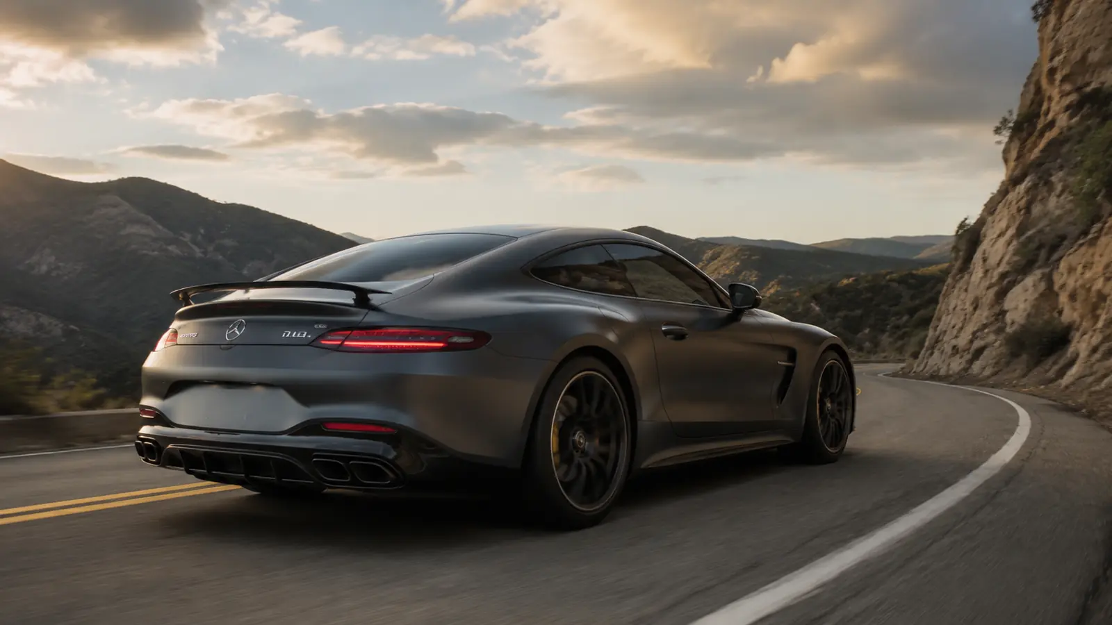 АВТО 1002213 графитовый Mercedes-AMG GT 63 крупно на дороге через каньон