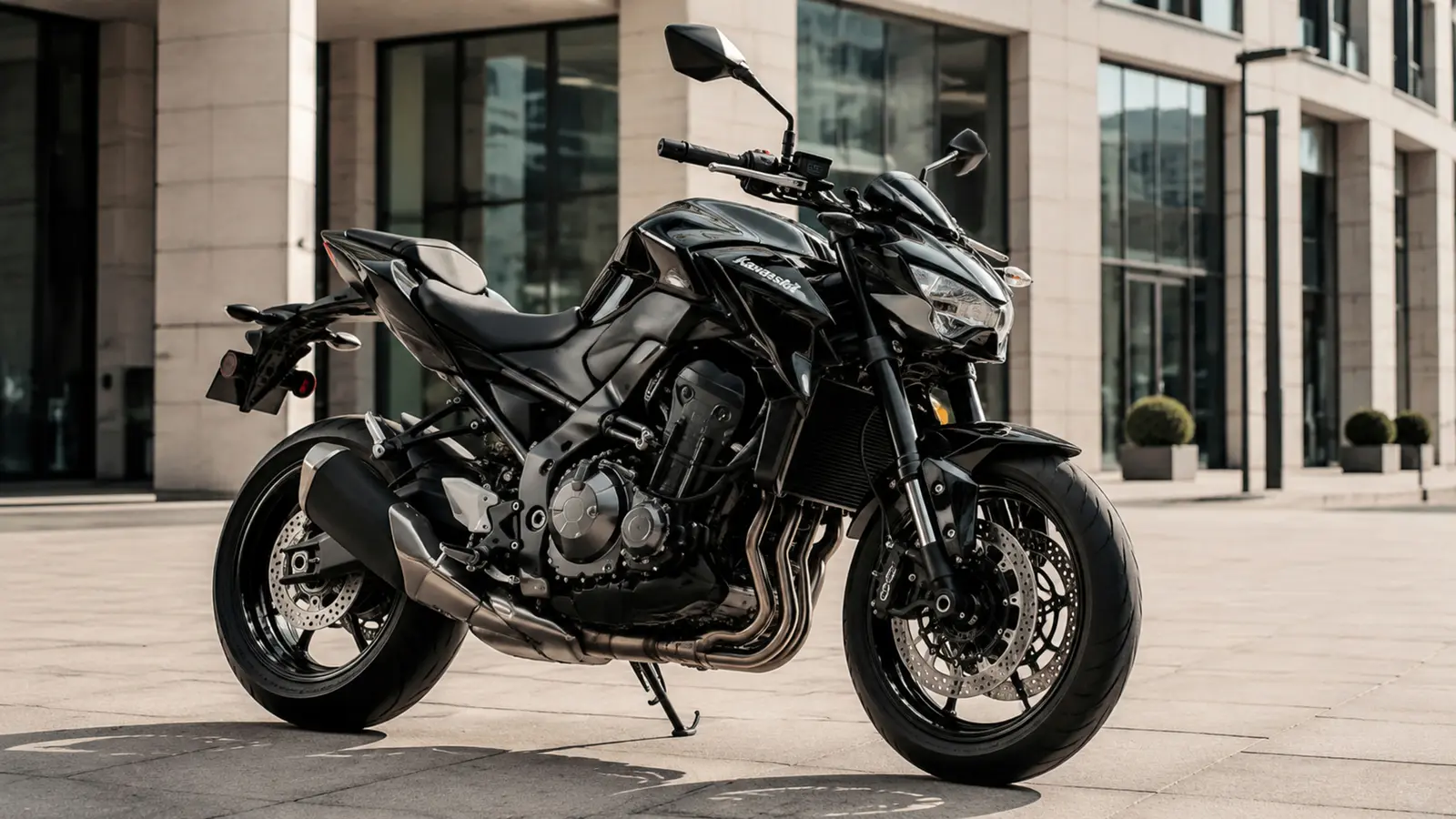 АВТО 1002825 чёрный Kawasaki Z900 крупно на современной городской площади