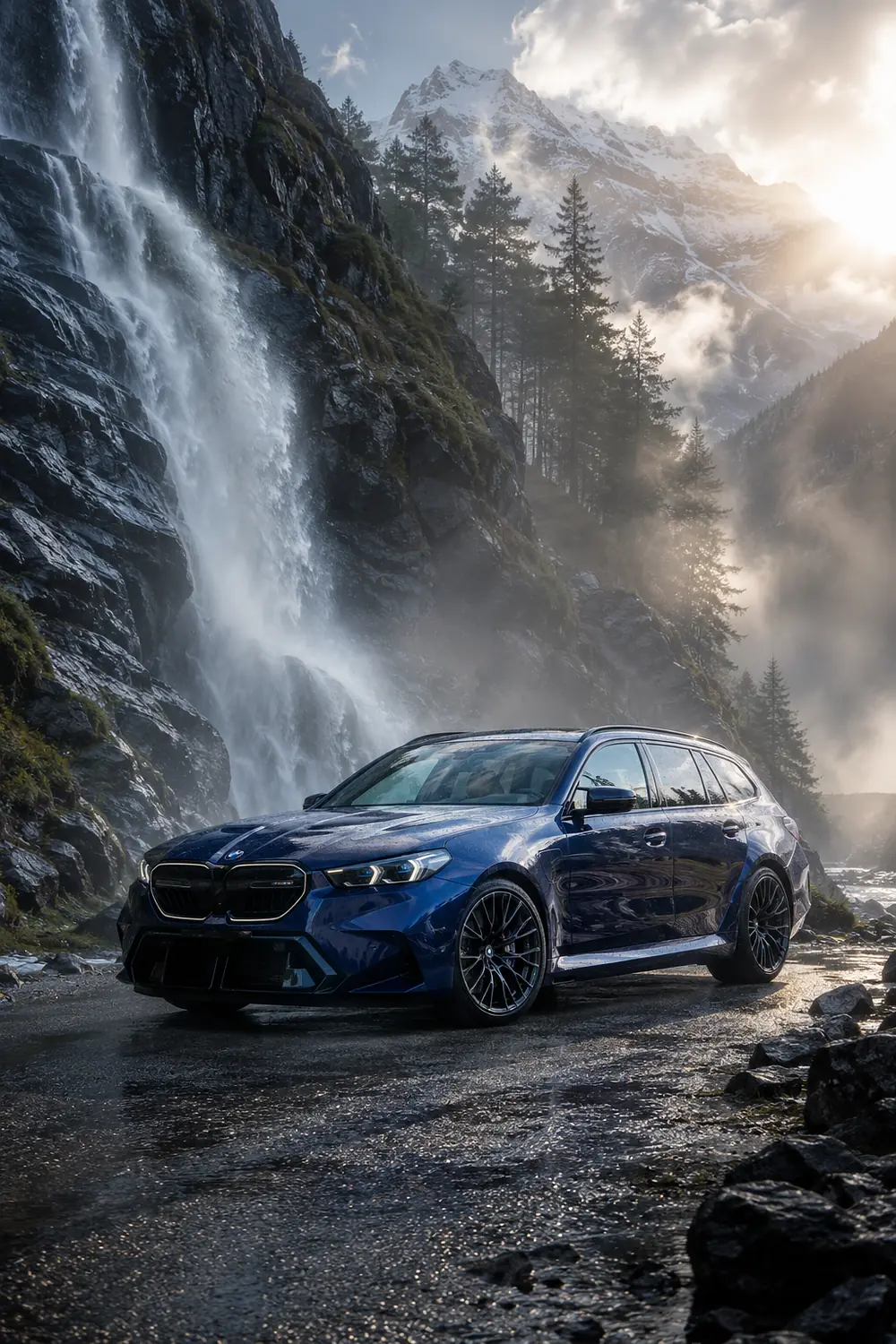АВТО 1003557 синий BMW M5 Touring у горного водопада