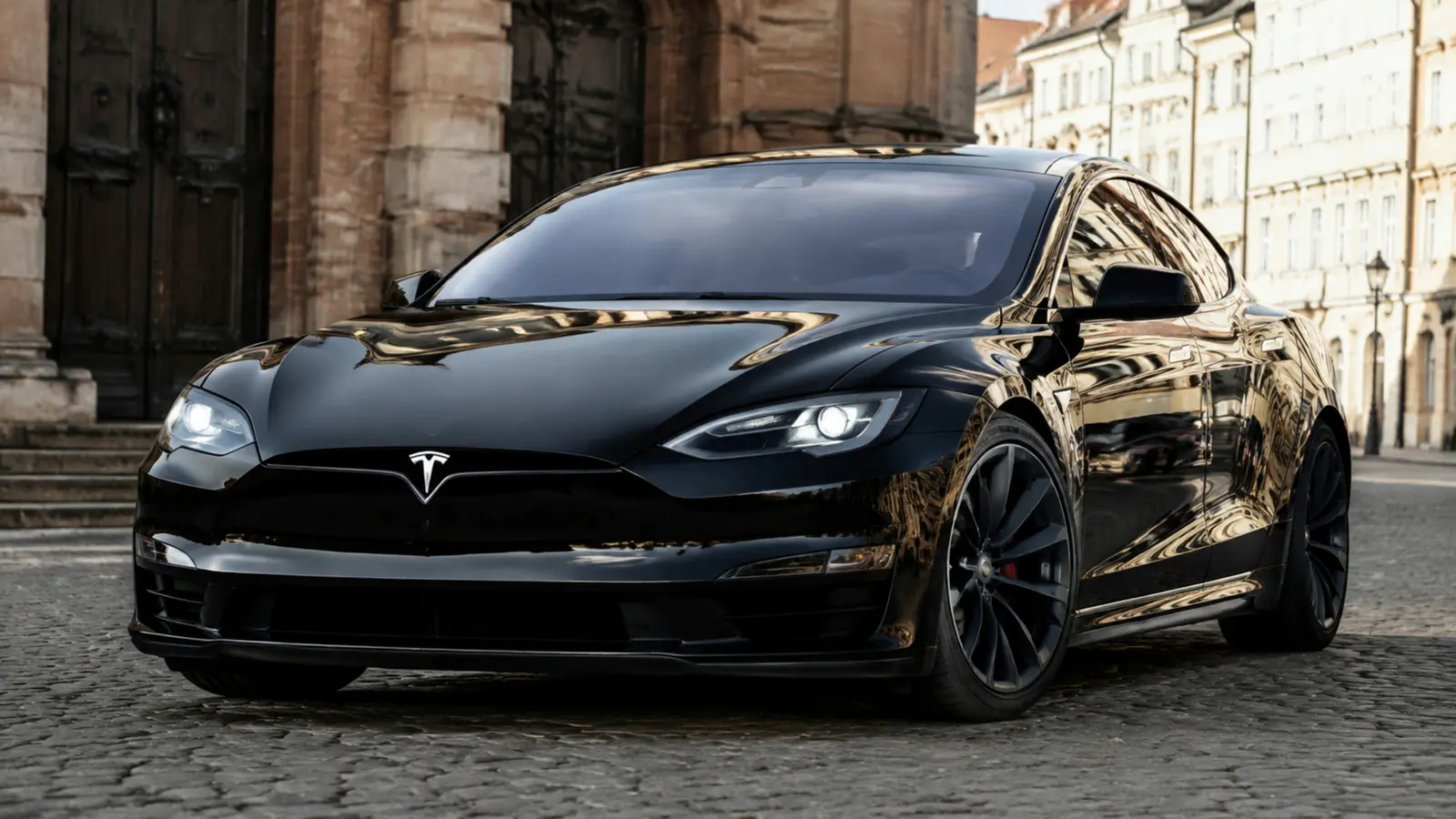 АВТО 1002985 чёрный Tesla Model S Plaid очень крупно передний боковой ракурс в старом европейском городе