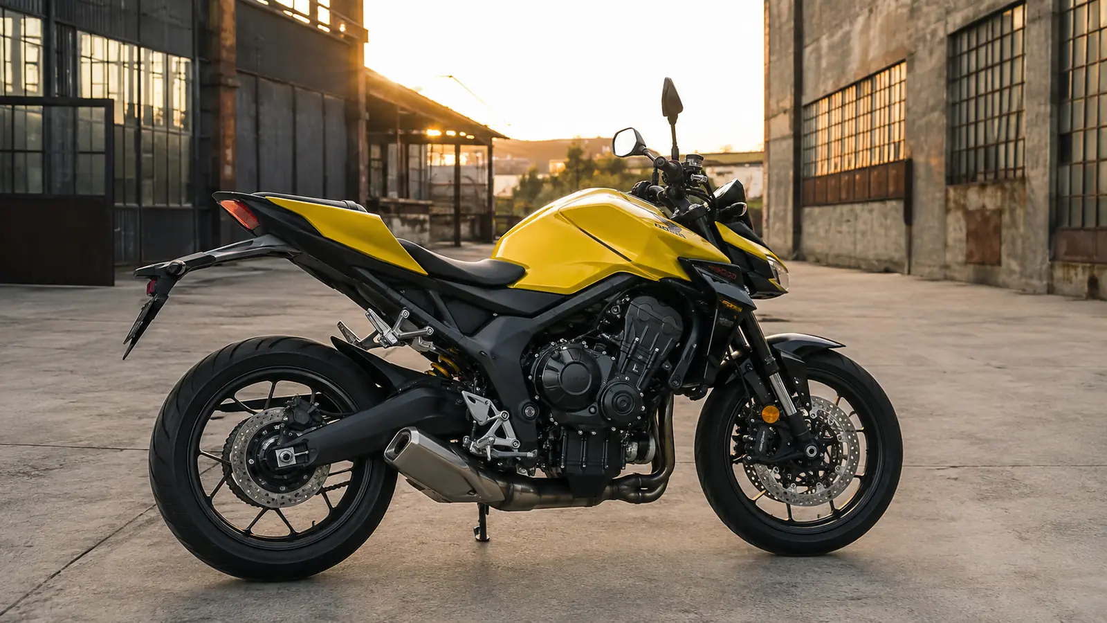 АВТО 1002789 жёлтый Honda CB1000 Hornet крупно в индустриальном дворе на закате