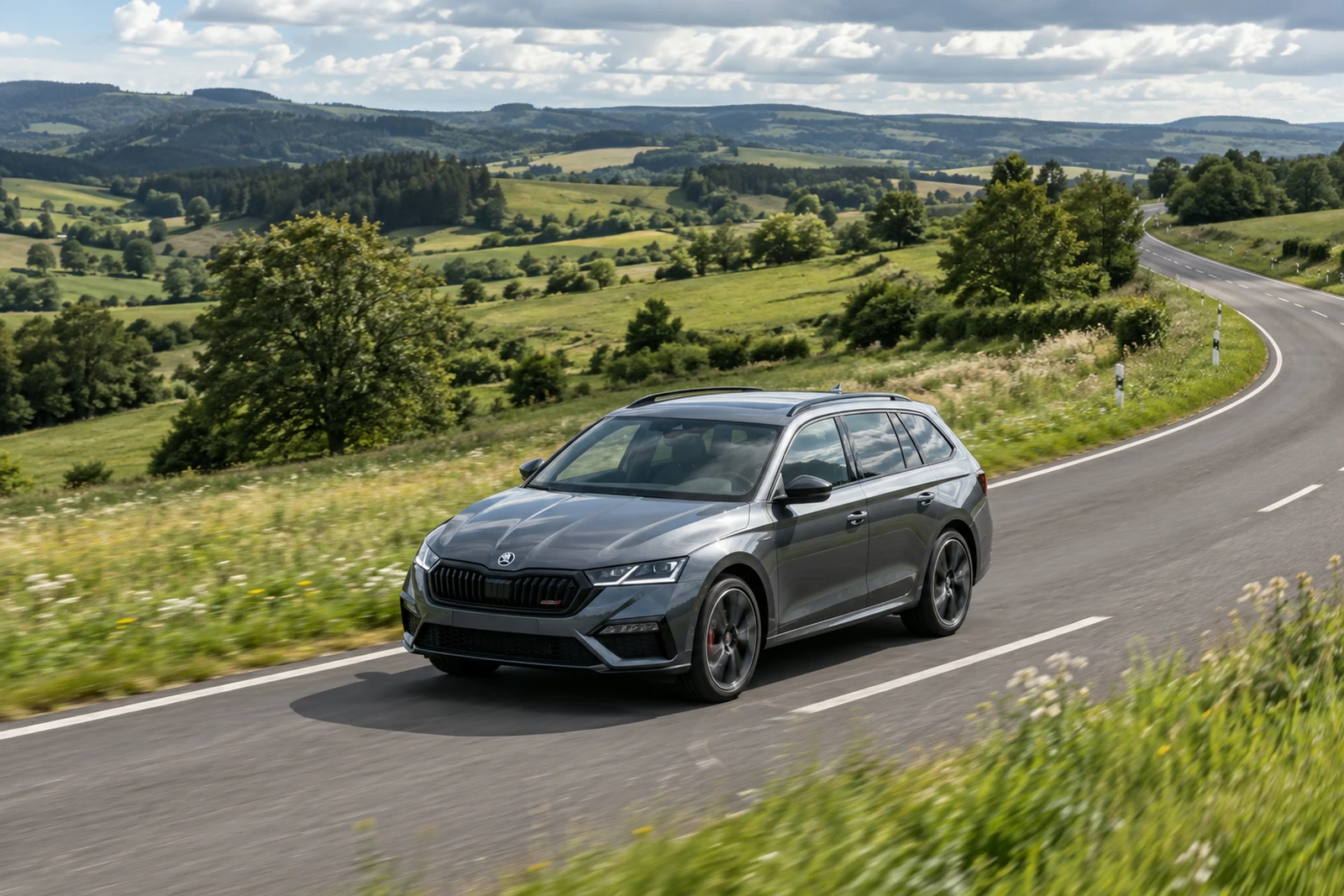 АВТО 1007524 серый Skoda Octavia RS на дороге через холмы