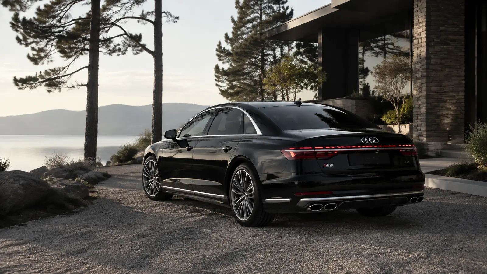 АВТО 1001344 Чёрный Audi S8 у озёрной резиденции