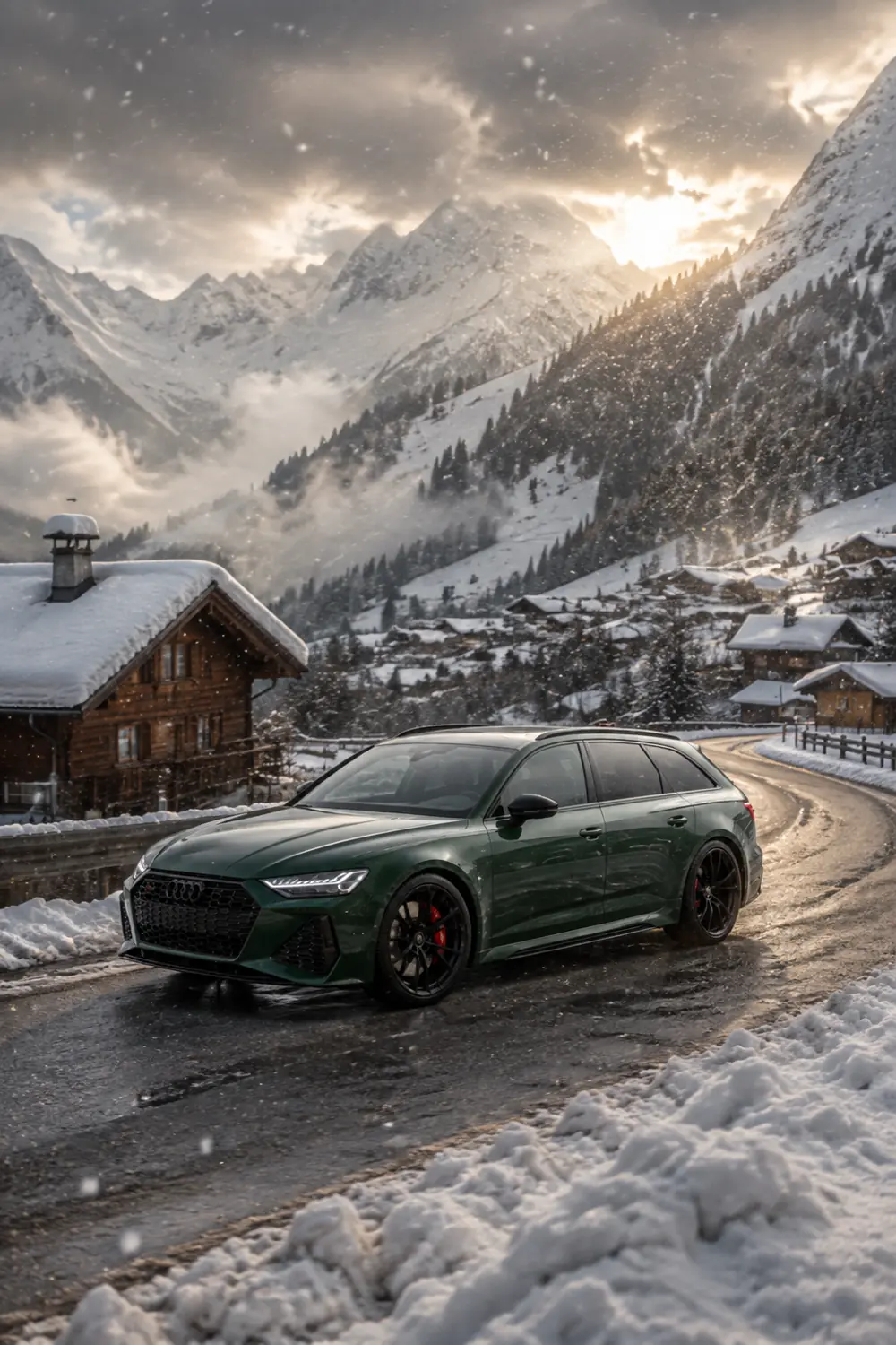 АВТО 1003839 зелёный Audi RS4 Avant в снежной альпийской деревне