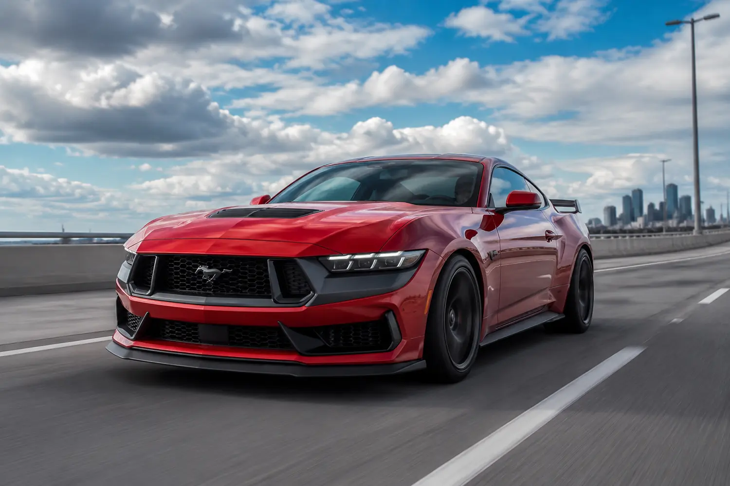 АВТО 1003824 прокаченный красный Ford Mustang Dark Horse на скоростной дороге