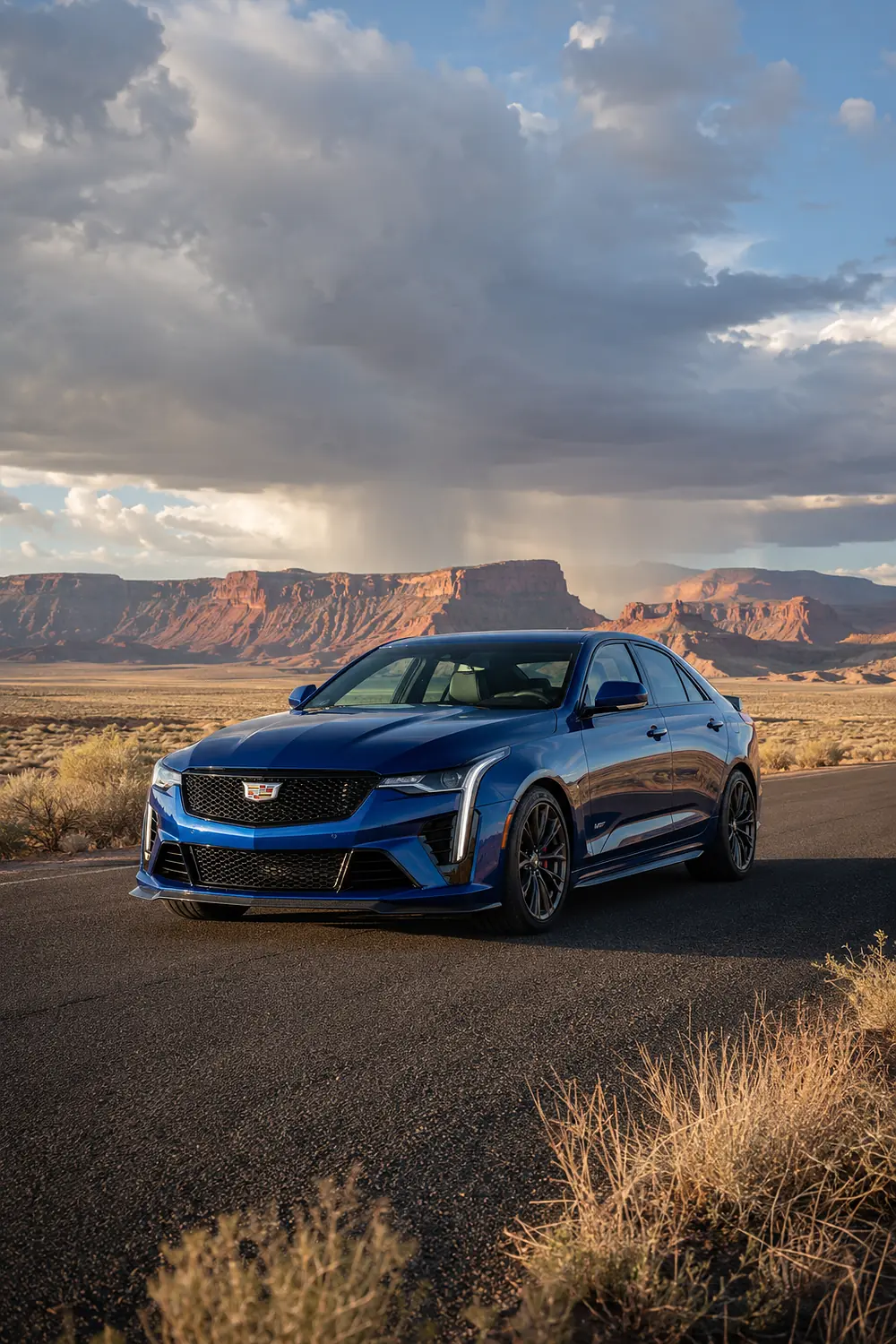 АВТО 1003690 синий Cadillac CT4-V Blackwing на дороге среди красных мес