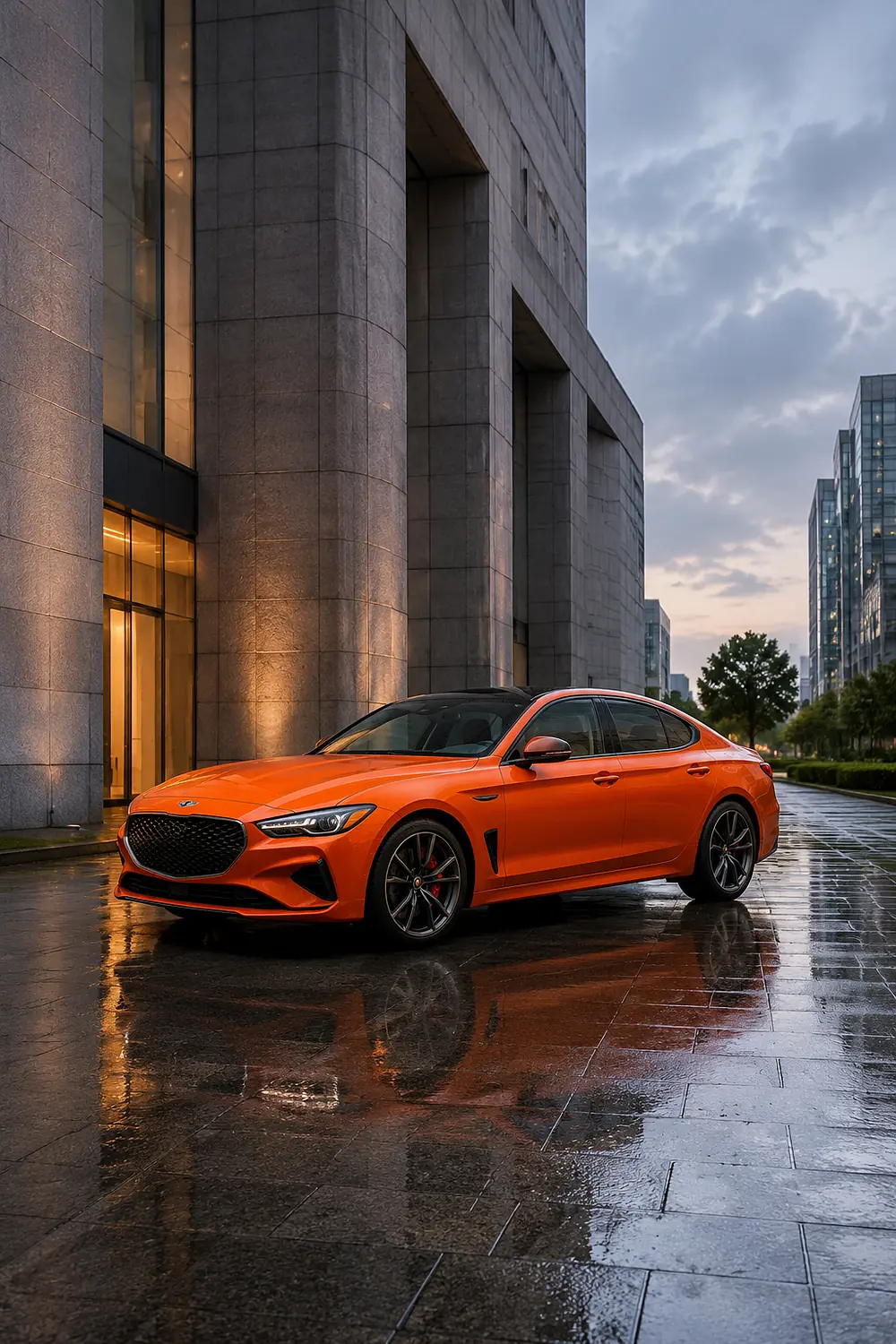 АВТО 1003687 оранжевый Genesis G70 Sport в деловом квартале после дождя