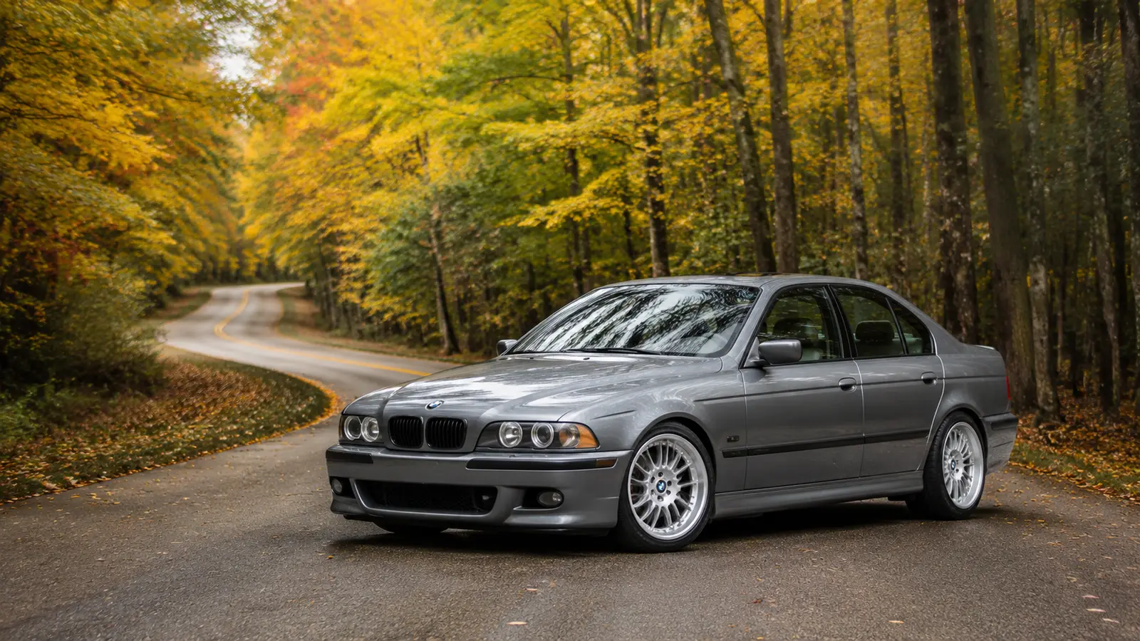 АВТО 1000675 серый BMW E39 на осенней дороге
