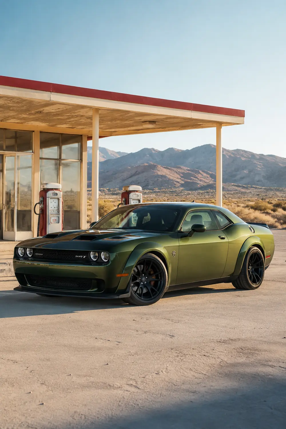 АВТО 1003747 зелёный Dodge Challenger SRT Hellcat у пустынной АЗС