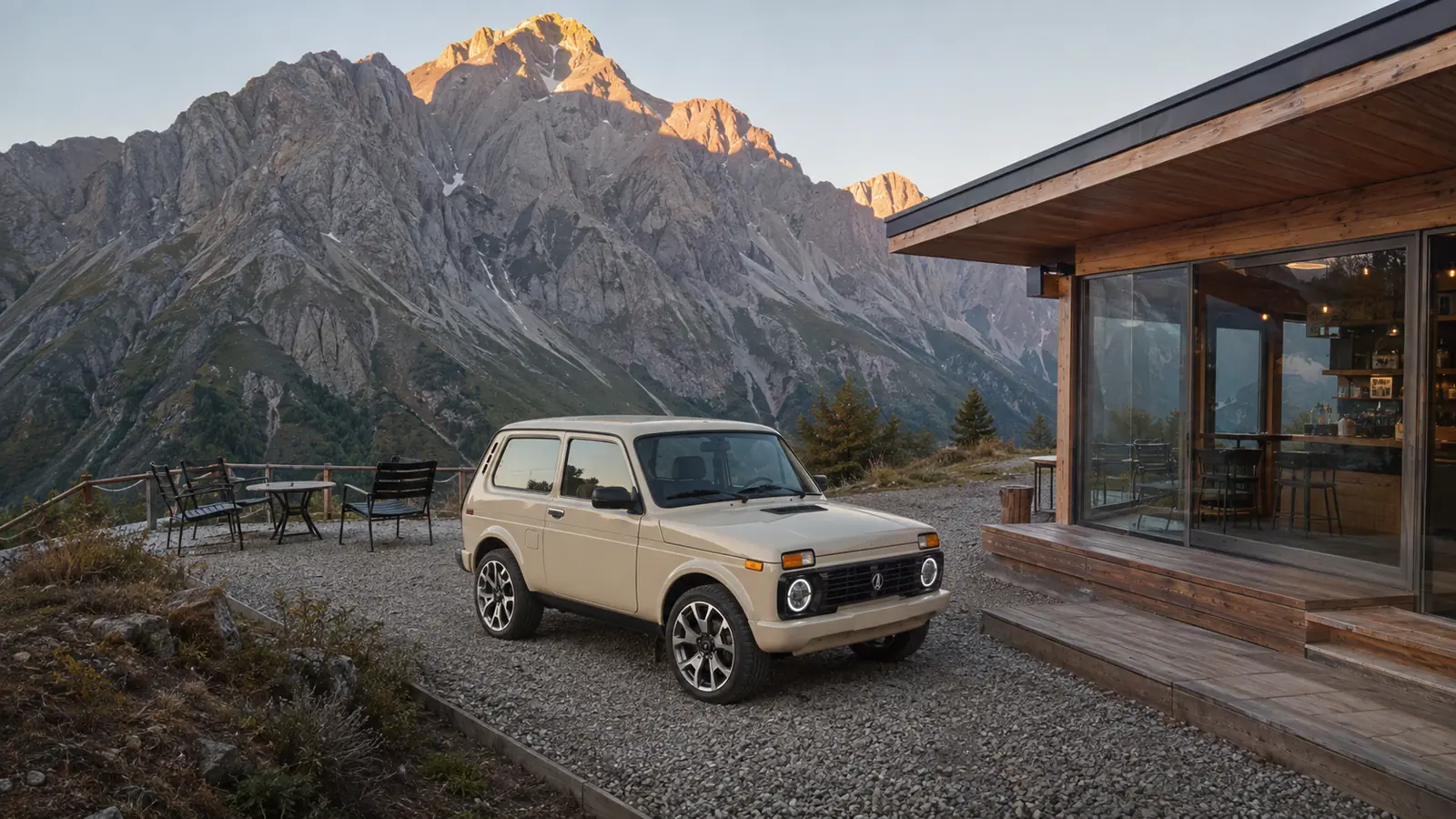 АВТО 1001983 кремовая Lada Niva restomod у горного павильона