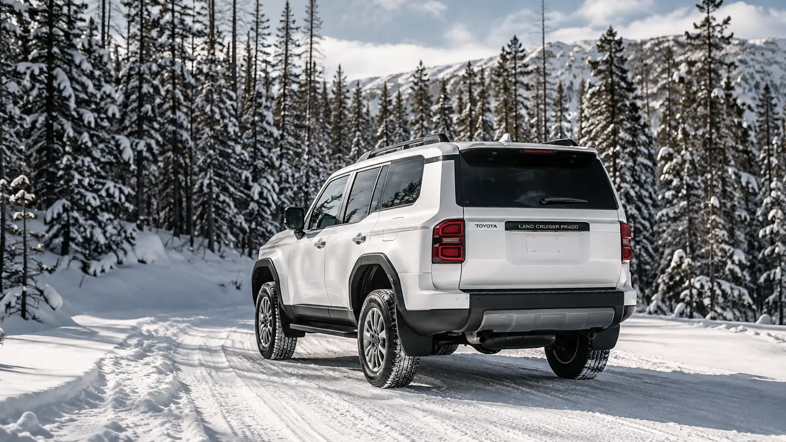 АВТО 1000619 белый Toyota Land Cruiser Prado в снежном лесу