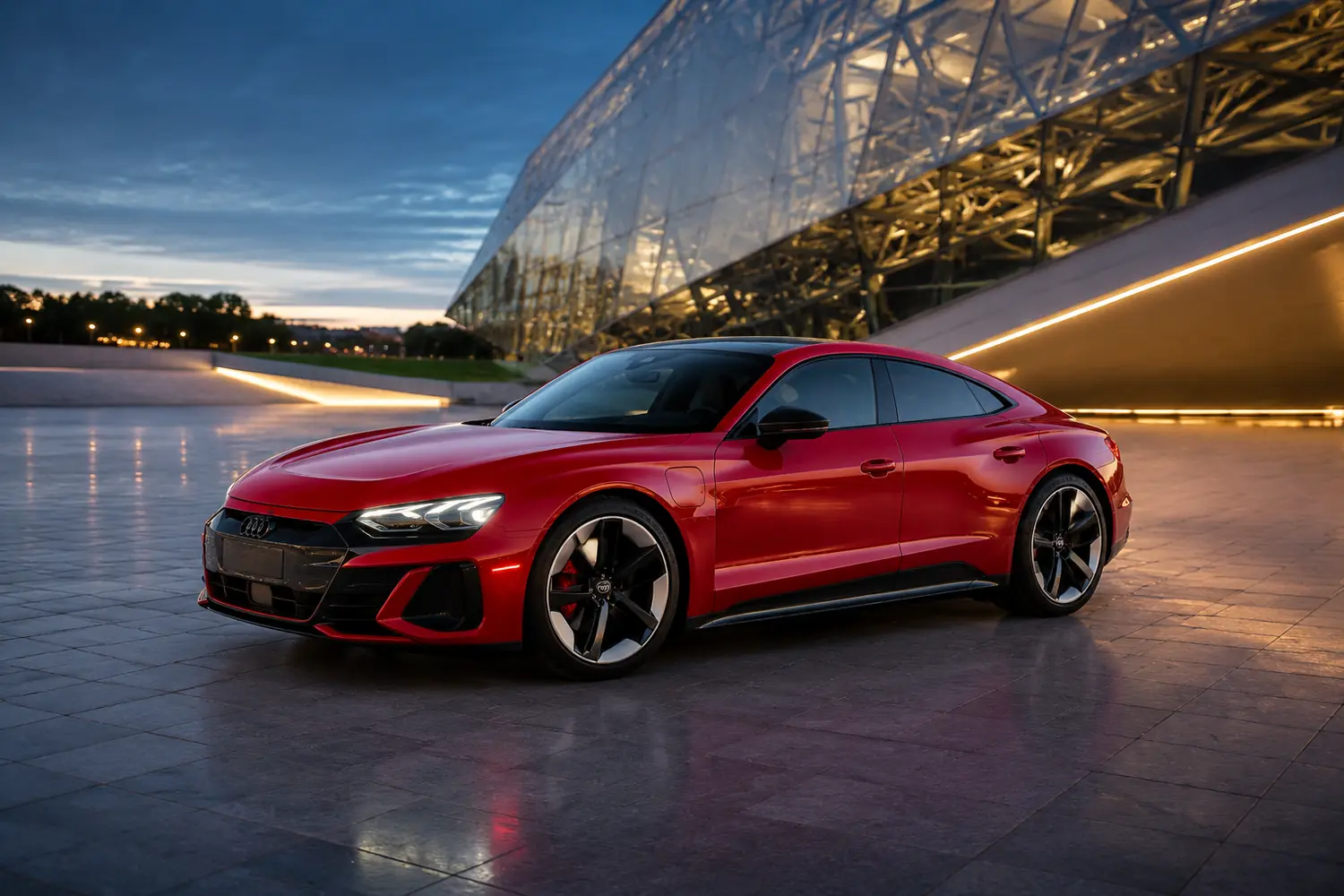 АВТО 1003825 красный Audi RS e tron GT у стеклянного музея