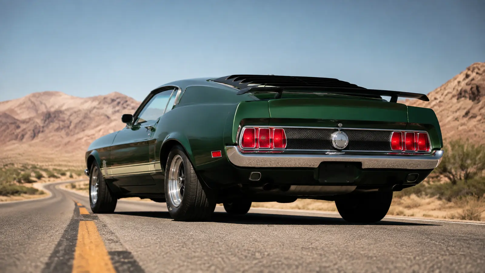 АВТО 1000879 зелёный Ford Mustang Mach 1 на пустынной дороге 70-х
