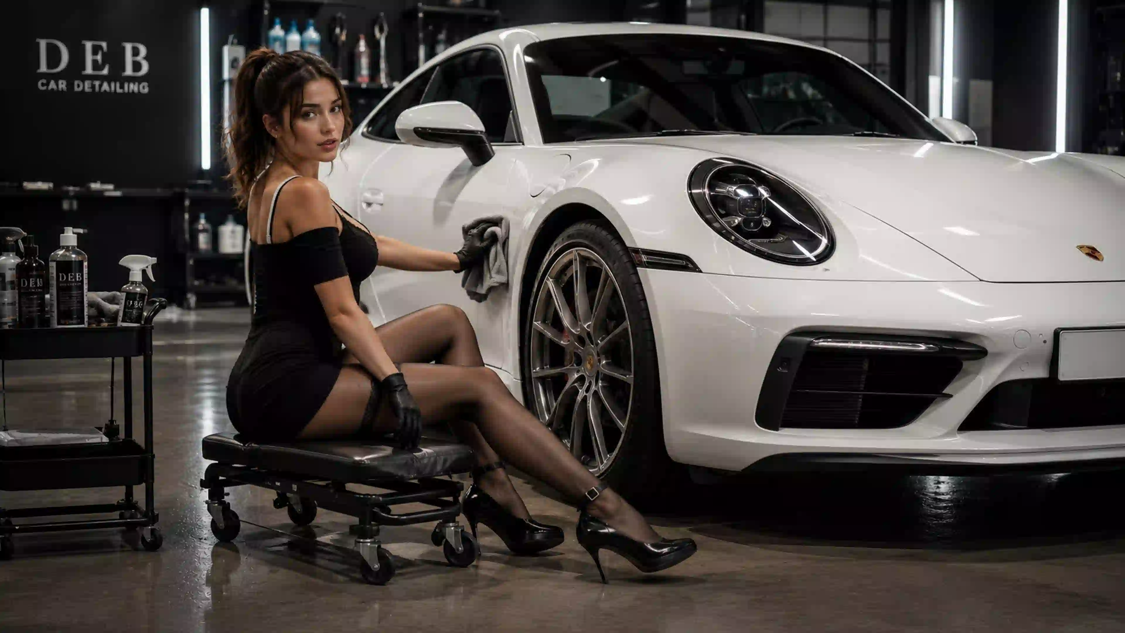 ДЕВ 00603 девушка детейлинг студия и белый porsche