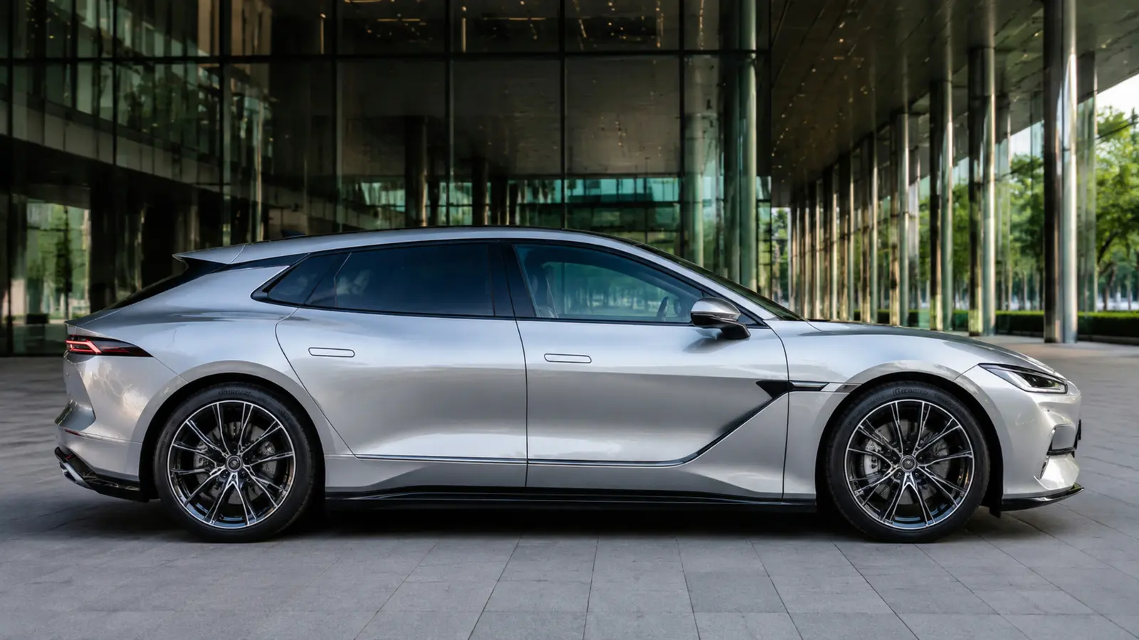 АВТО 1002858 серебристый Denza Z9 GT крупным профилем у стеклянного центра