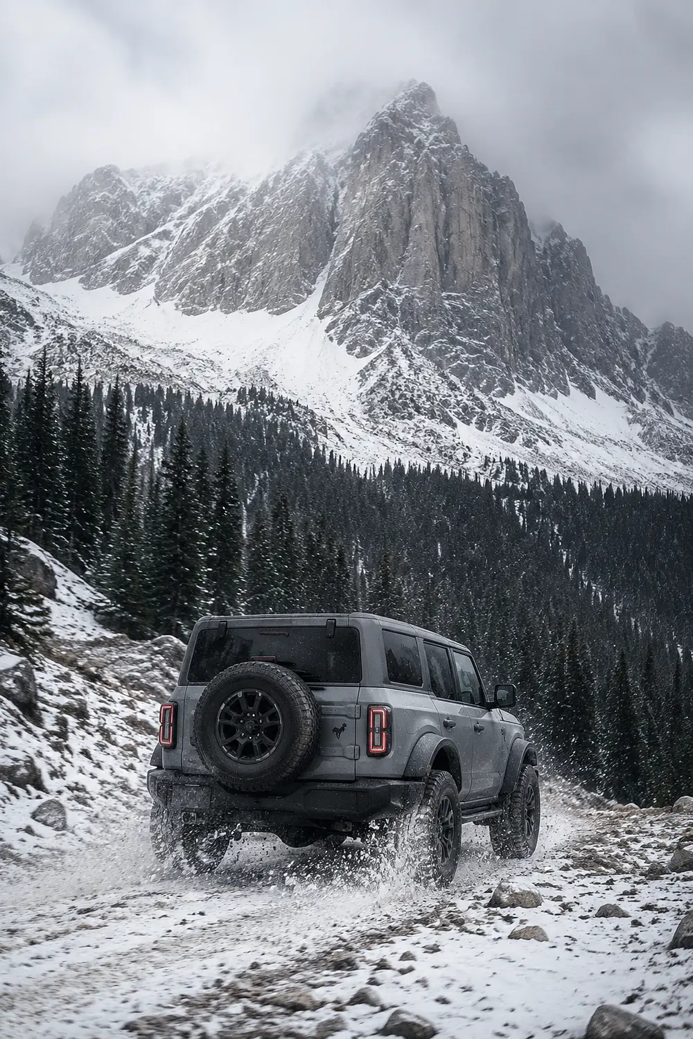 АВТО 1003454 серый Ford Bronco Raptor на снежной горной тропе
