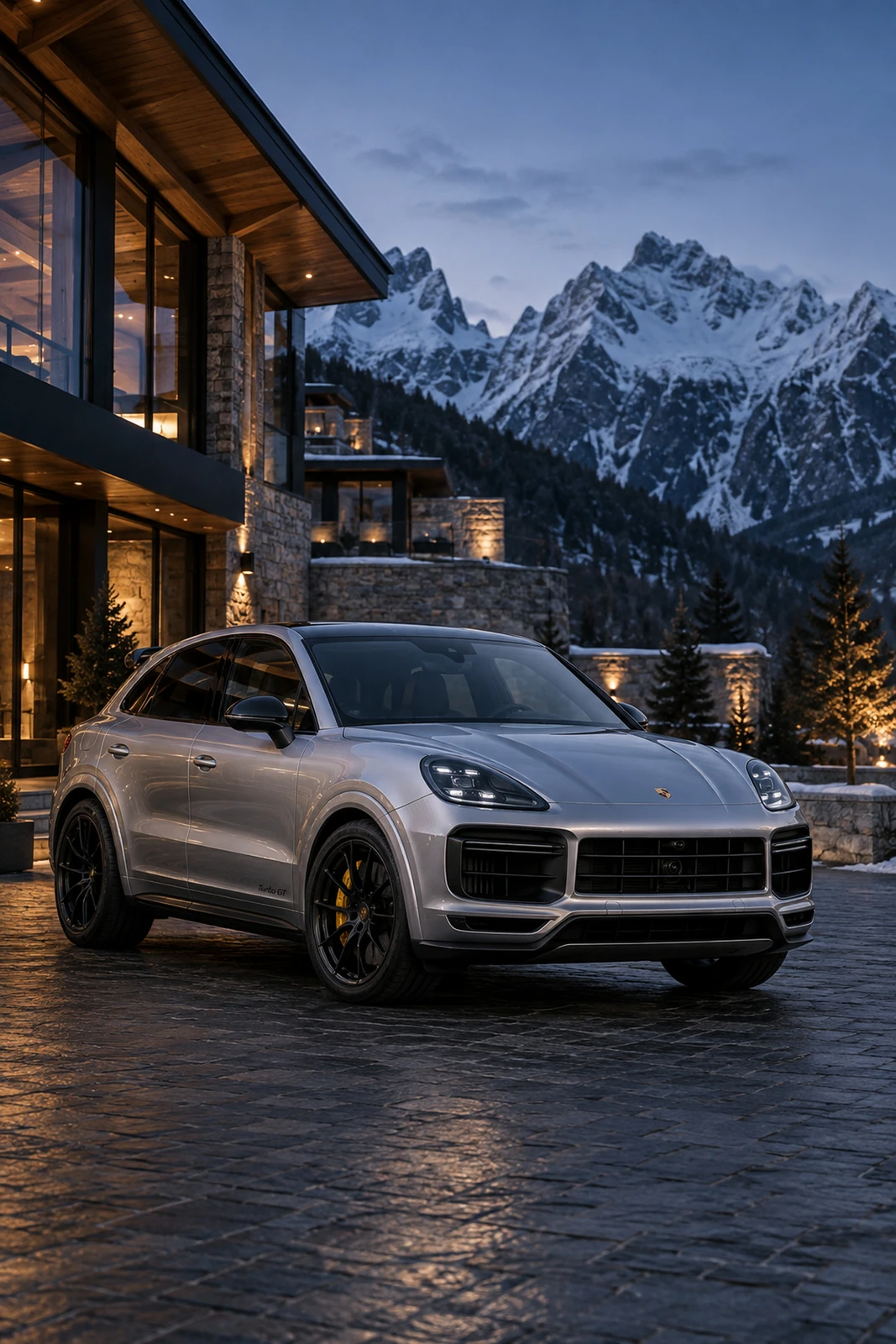 АВТО 1007605 серебристый Porsche Cayenne Turbo GT у горного отеля