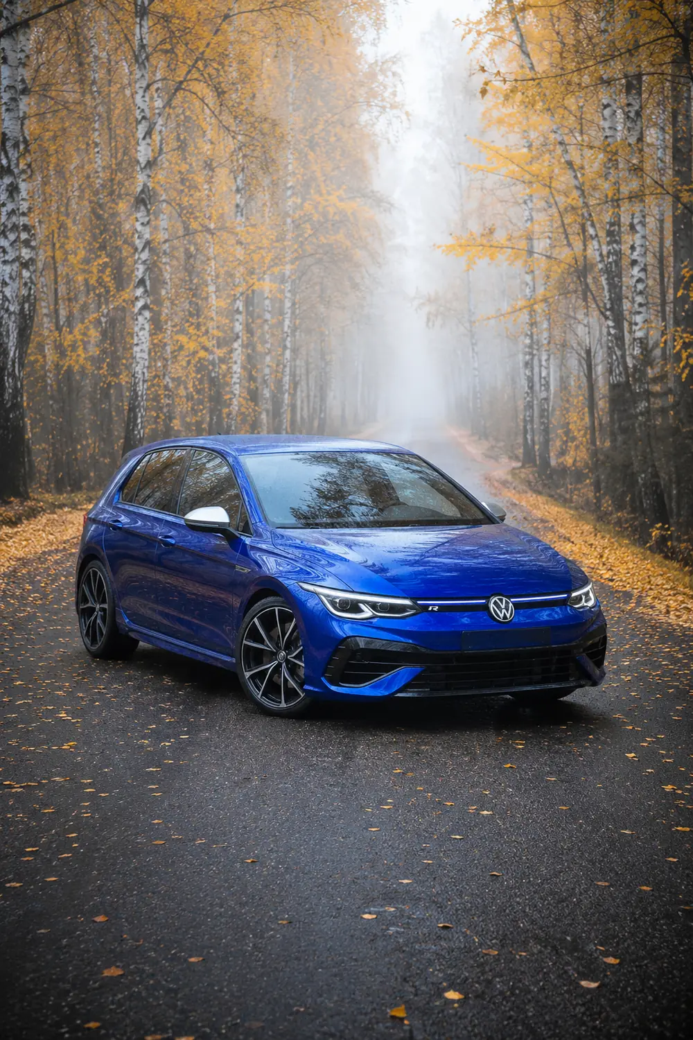 АВТО 1003737 синий Volkswagen Golf R в осеннем берёзовом лесу
