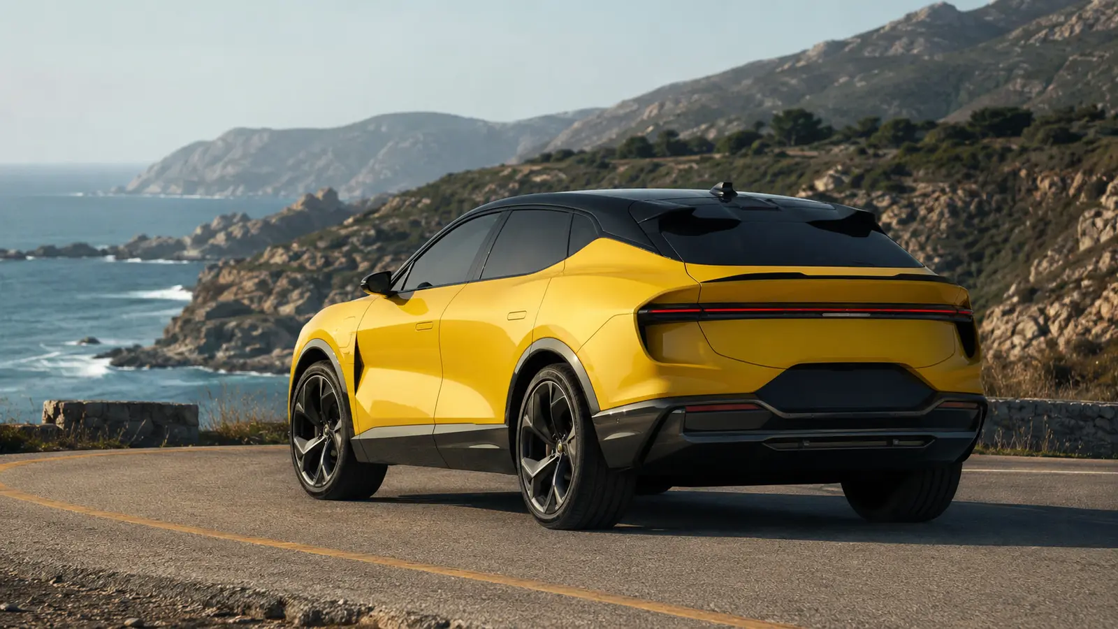 АВТО 1001126 жёлтый Lotus Eletre у скалистого берега