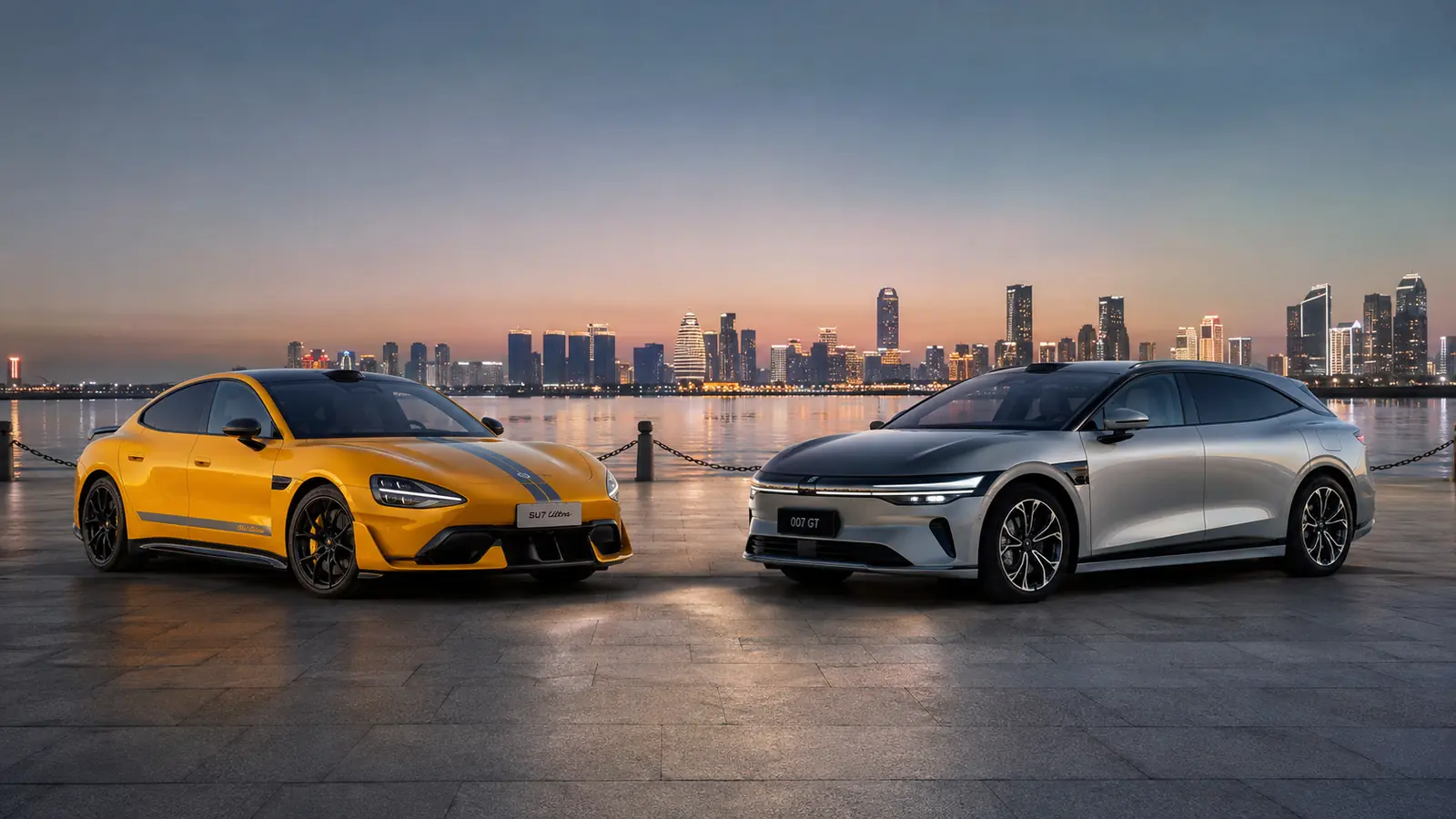 АВТО 1002669 два китайских спортседана у светящейся набережной