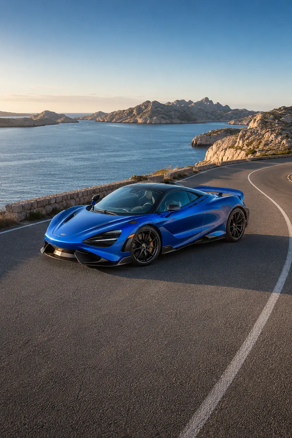 АВТО 1003702 синий McLaren 765LT на дороге над Адриатическим морем