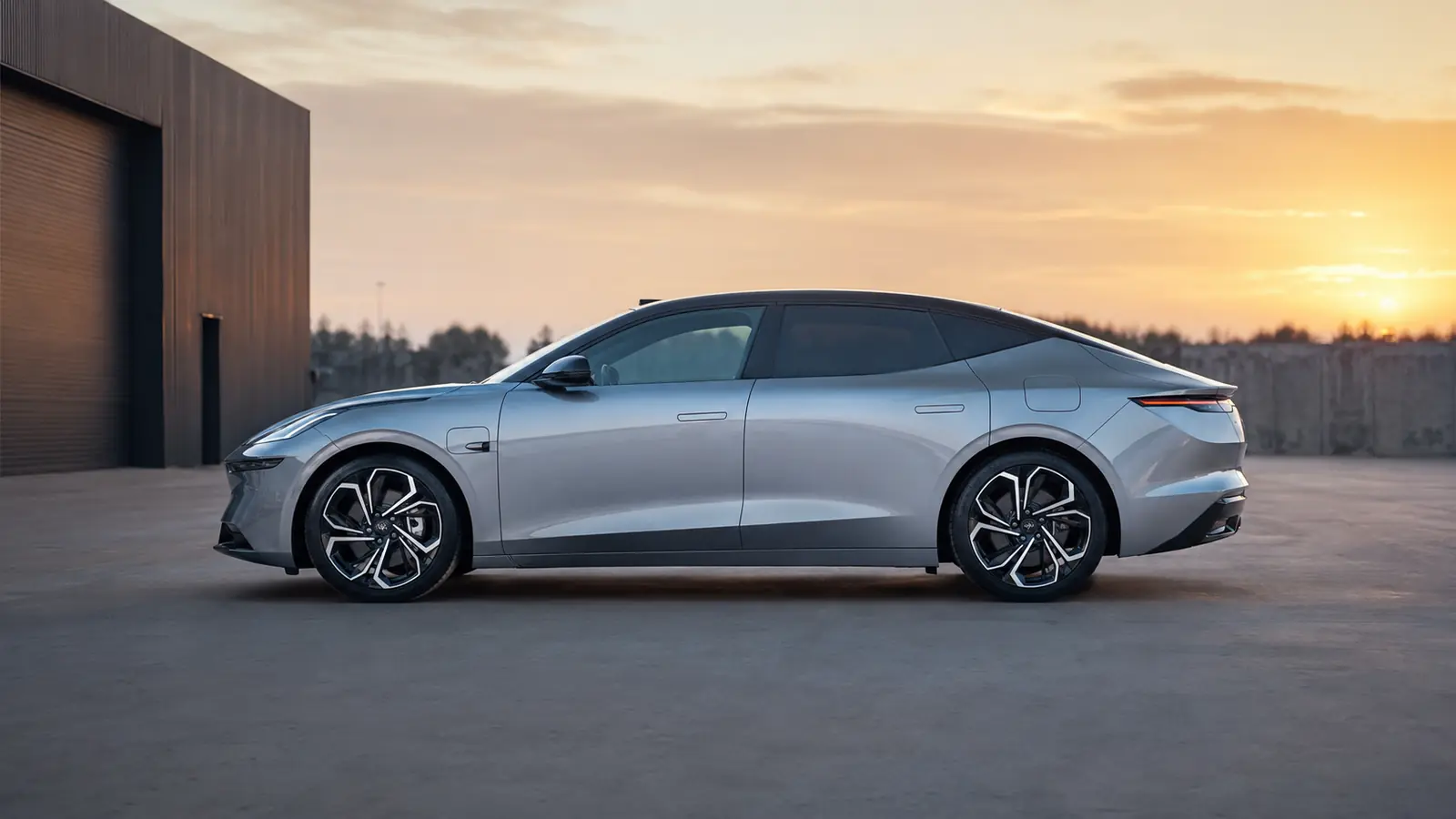 АВТО 1002767 серебристый Lynk & Co Z10 крупно в индустриальном дворе на закате