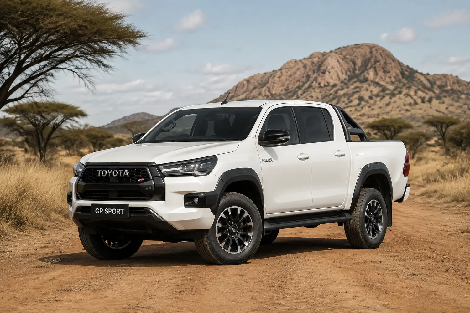 АВТО 1003776 белая Toyota Hilux GR Sport в сухой саванне