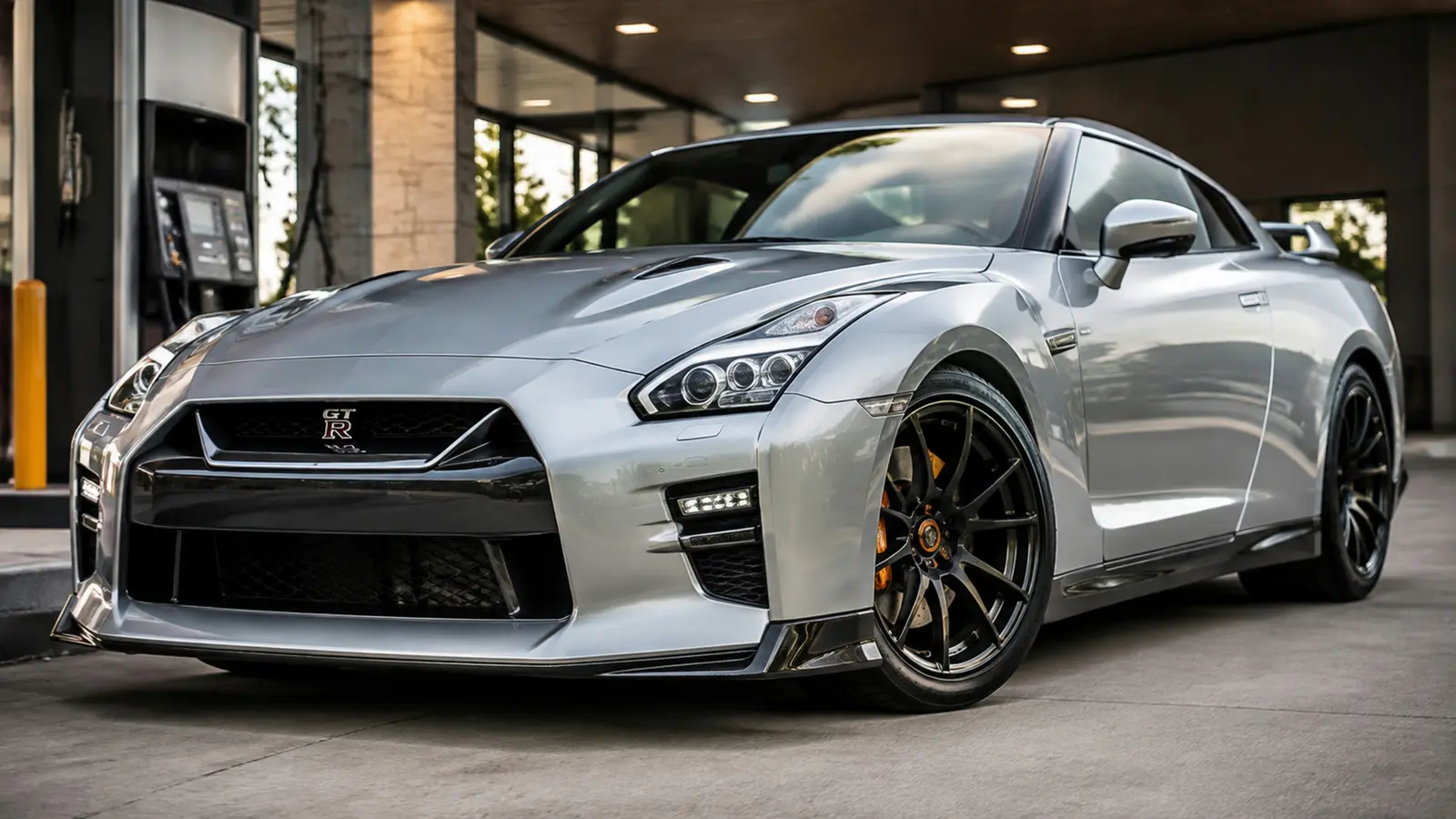 АВТО 1002961 серебристый Nissan GT-R очень крупно передний боковой ракурс у премиальной городской заправки