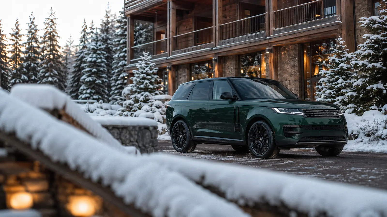 АВТО 1001973 изумрудный Range Rover у альпийского отеля