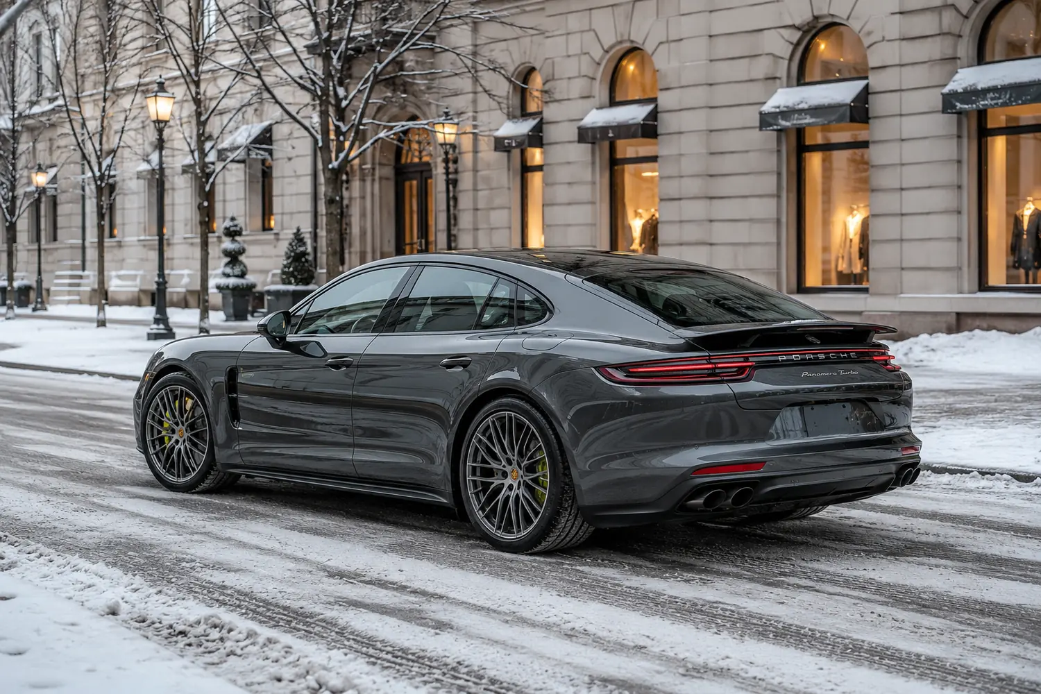 АВТО 1003763 серый Porsche Panamera Turbo в зимнем городе