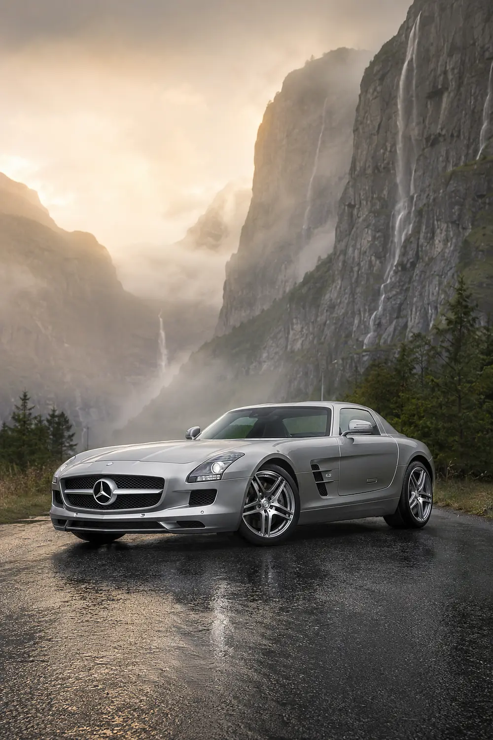 АВТО 1003528 серебристый Mercedes-Benz SLS AMG в туманной долине
