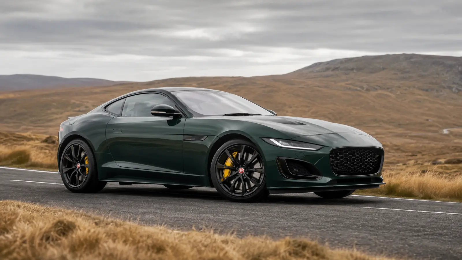 АВТО 1001089 зелёный Jaguar F-Type на дороге среди вереска