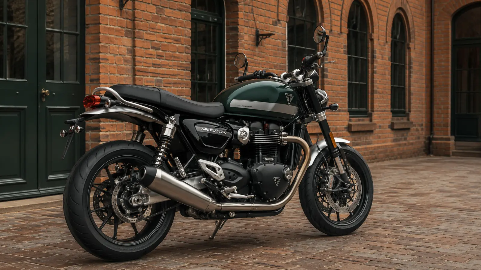 АВТО 1002331 зелёный Triumph Speed Twin 1200 крупно у кирпичной архитектуры