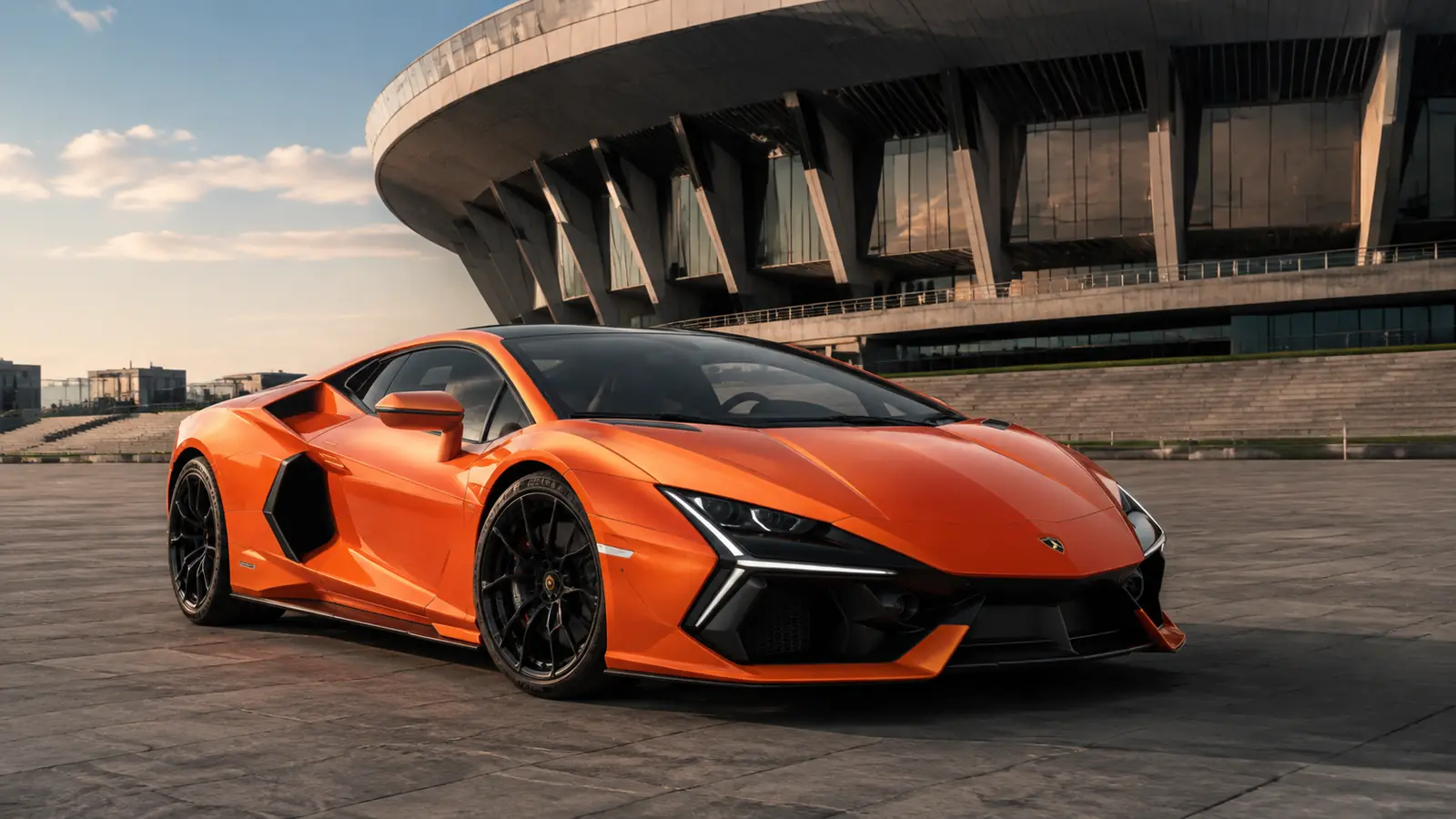 АВТО 1002416 оранжевый Lamborghini Revuelto у футуристической арены